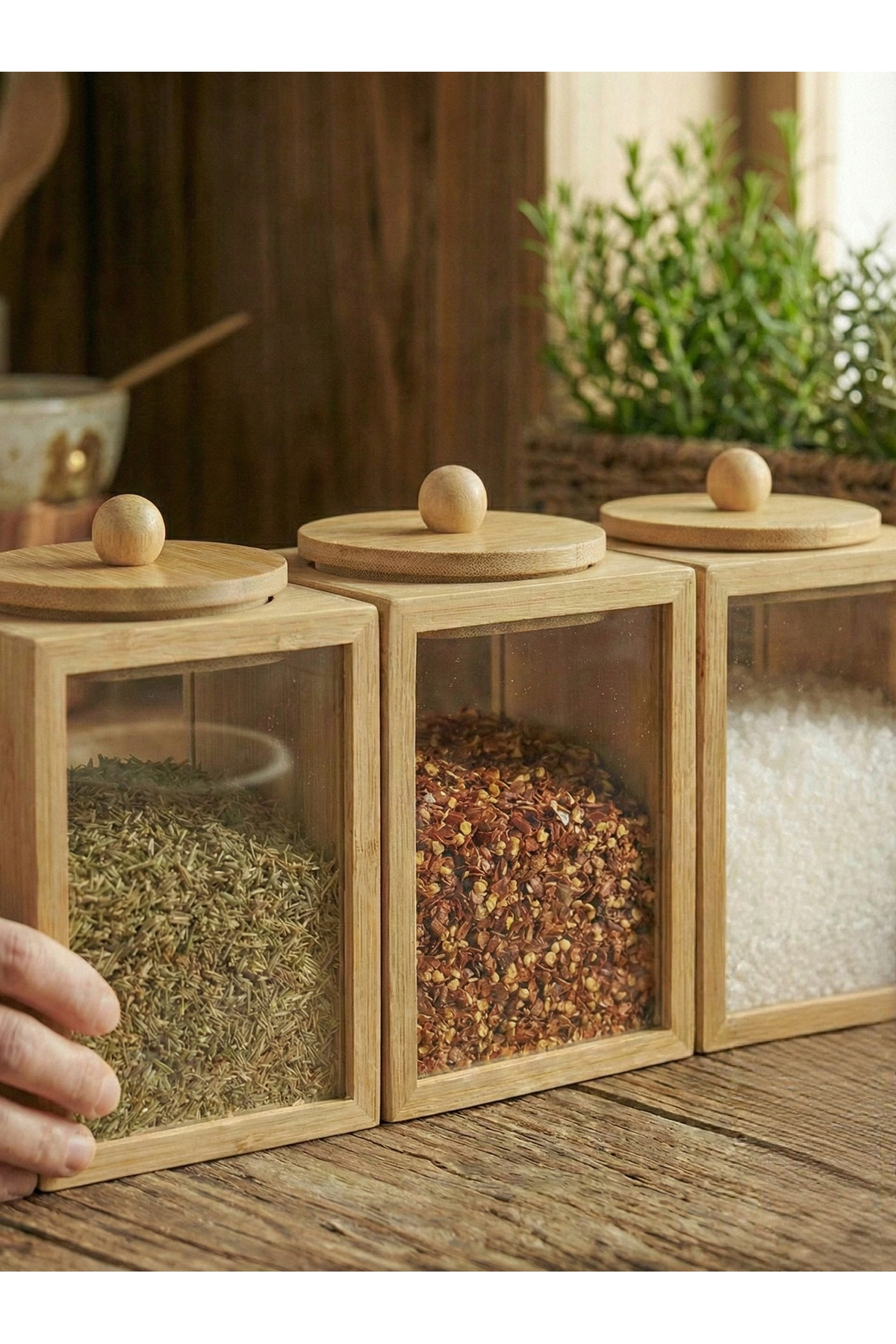 3'lü Bambu Baharatlık ve Kavanoz Seti 1200 ml Mutfak Düzenleyici