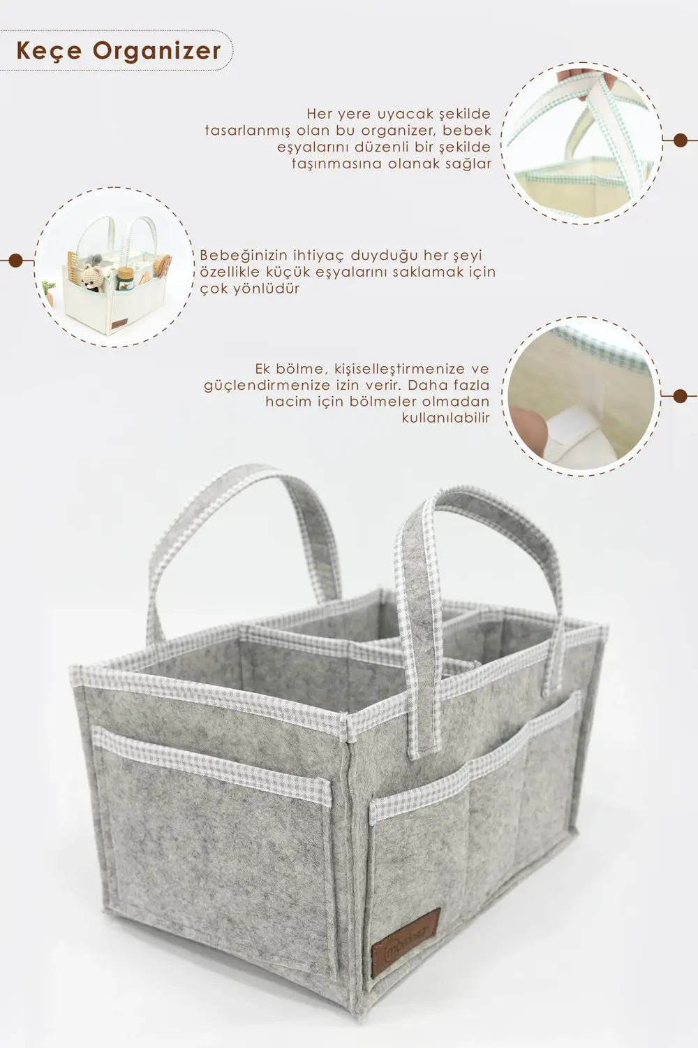 3'lü Bebek Bakım Seti; Keçe Anne Bebek Organizeri, Su Geçirmez Al