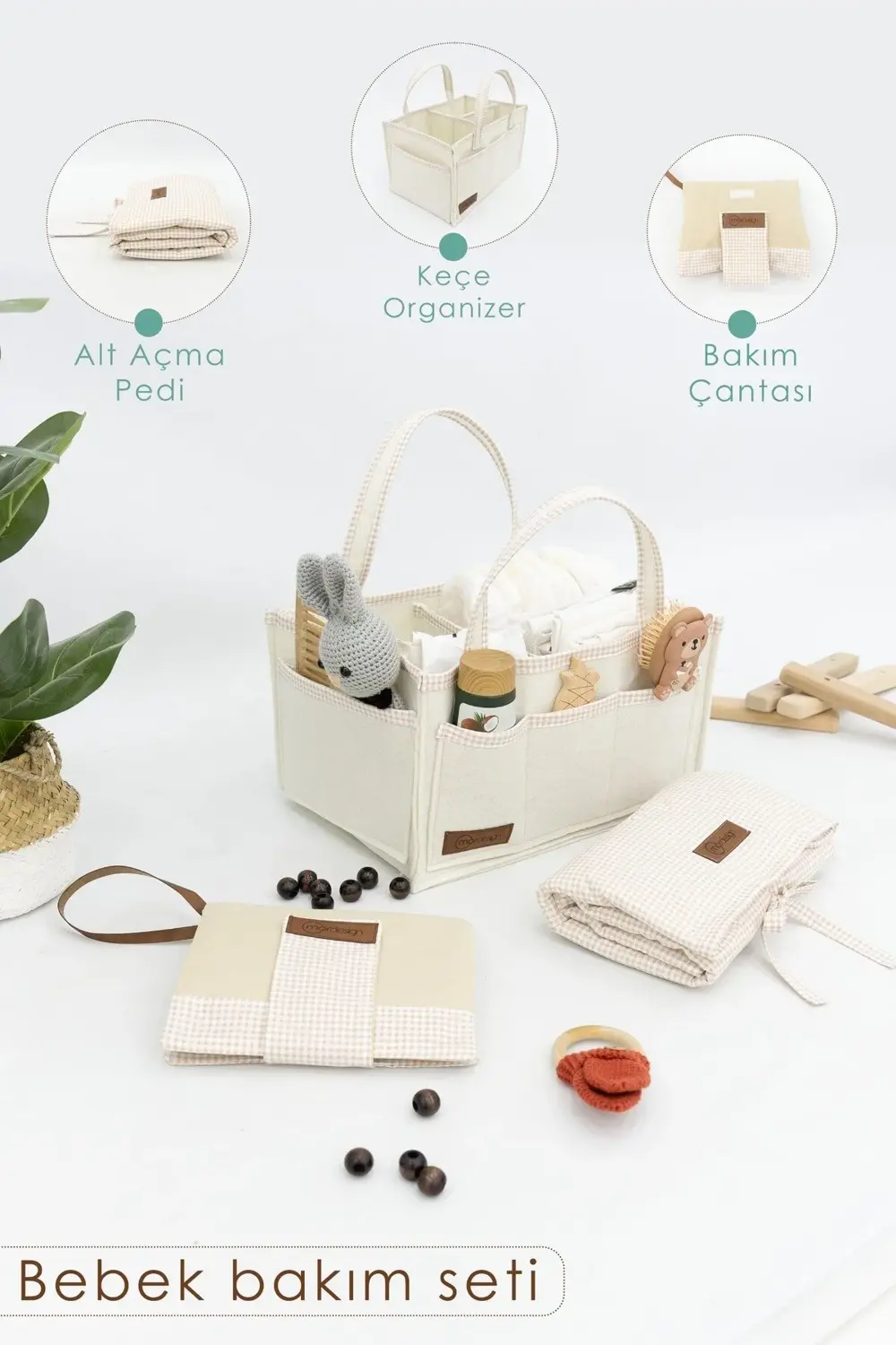 3'lü Bebek Bakım Seti; Keçe Anne Bebek Organizeri, Su Geçirmez Al