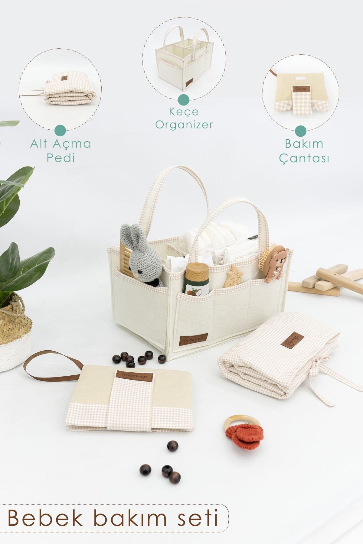 3'lü Bebek Bakım Seti; Keçe Anne Bebek Organizeri, Su Geçirmez Al