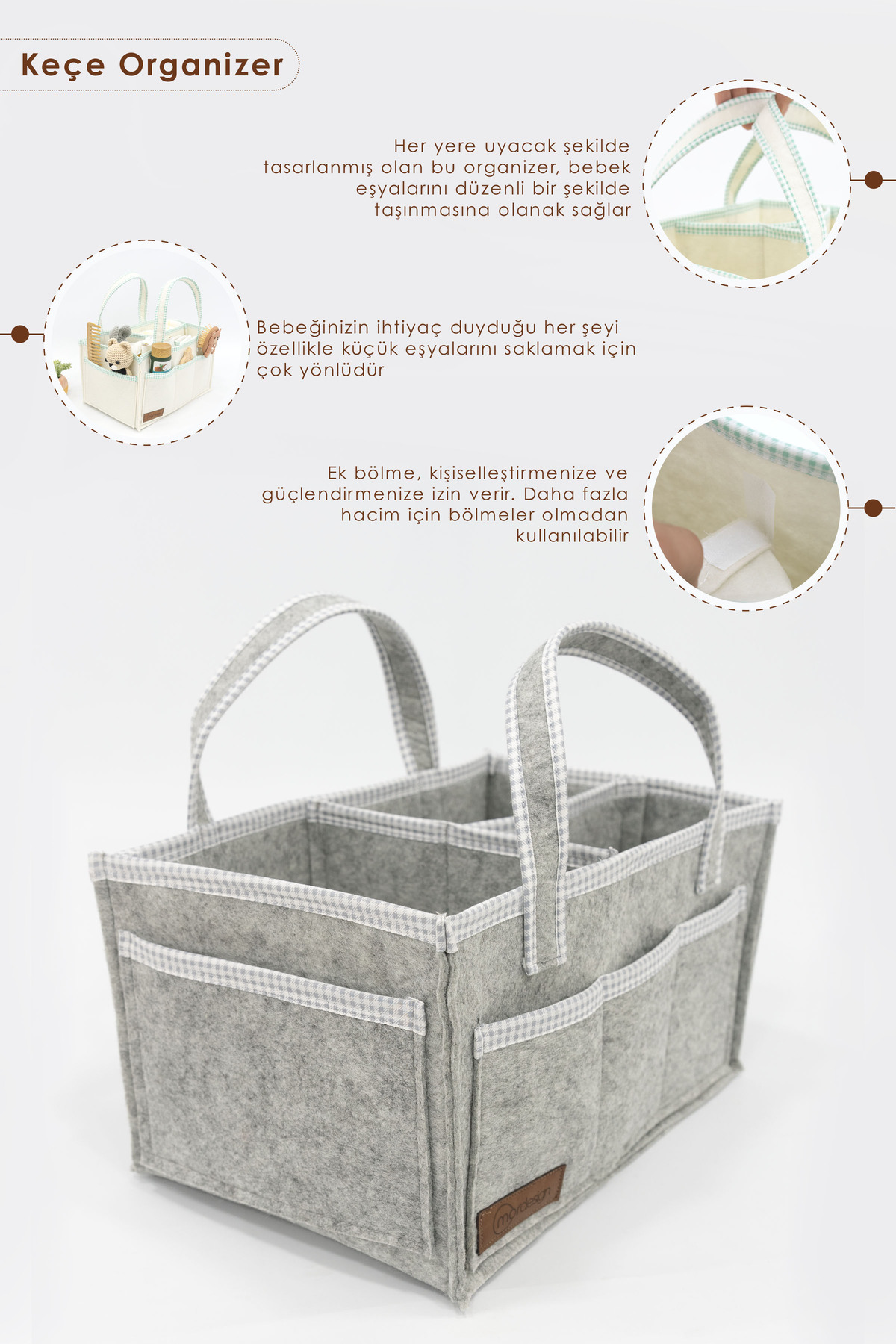 3'lü Bebek Bakım Seti; Keçe Anne Bebek Organizeri, Su Geçirmez Al