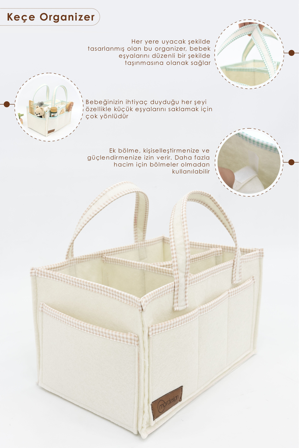 Mordesign 3'Lü Bebek Bakım Seti; Keçe Anne Bebek Organizeri, Su Geçirmez Al