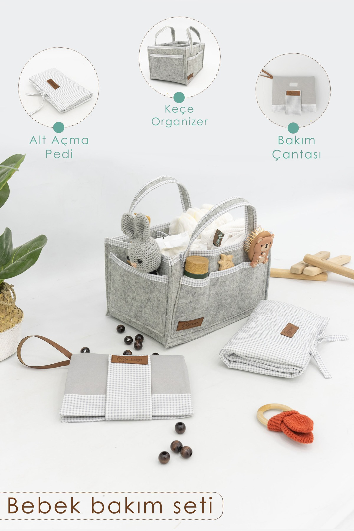 3'lü Bebek Bakım Seti; Keçe Anne Bebek Organizeri, Su Geçirmez Al