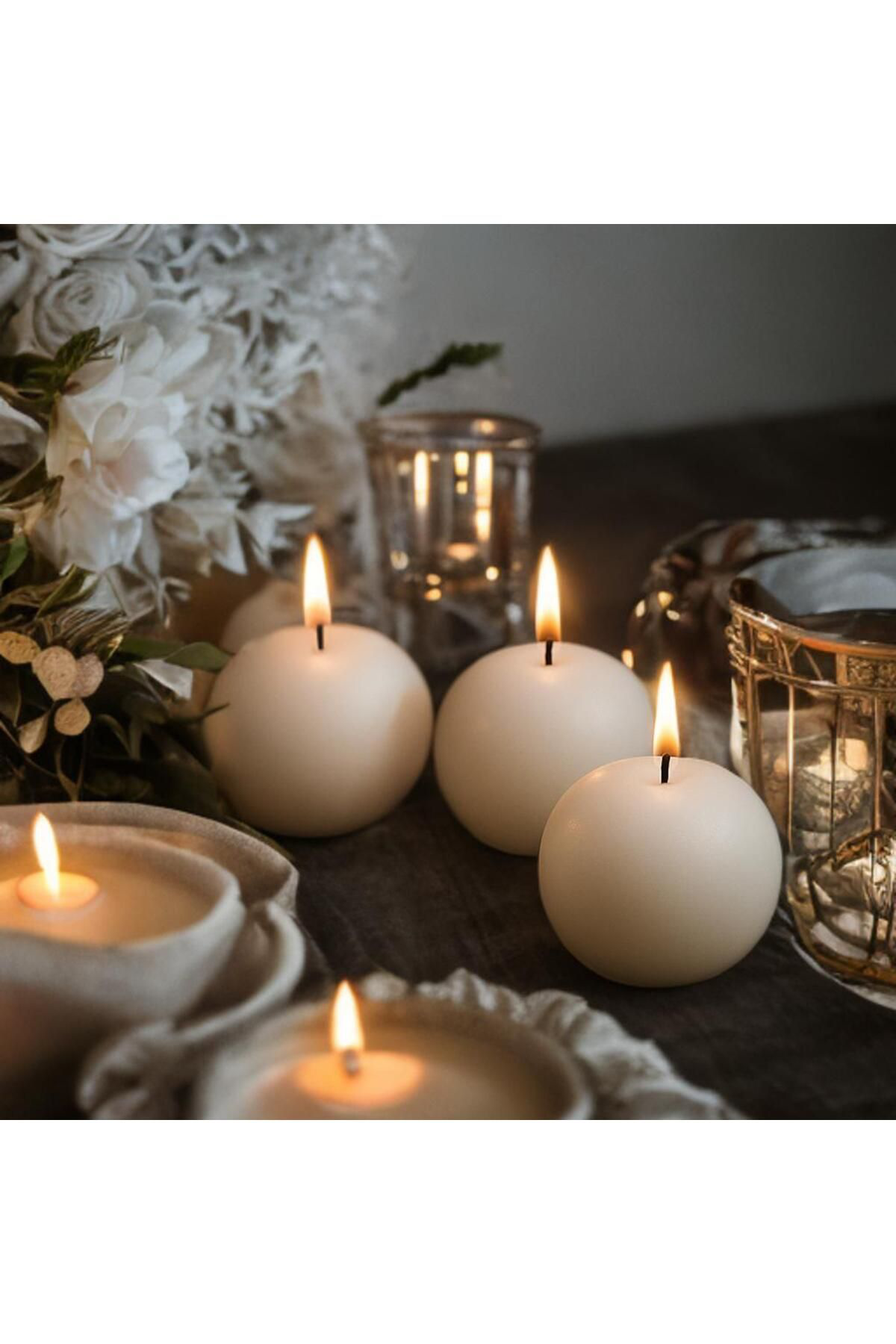 Aresmumatölyesi  3Lü Beyaz Dekoratif Yuvarlak Top Şeklinde Hediyelik Şık Mum 5,5 C