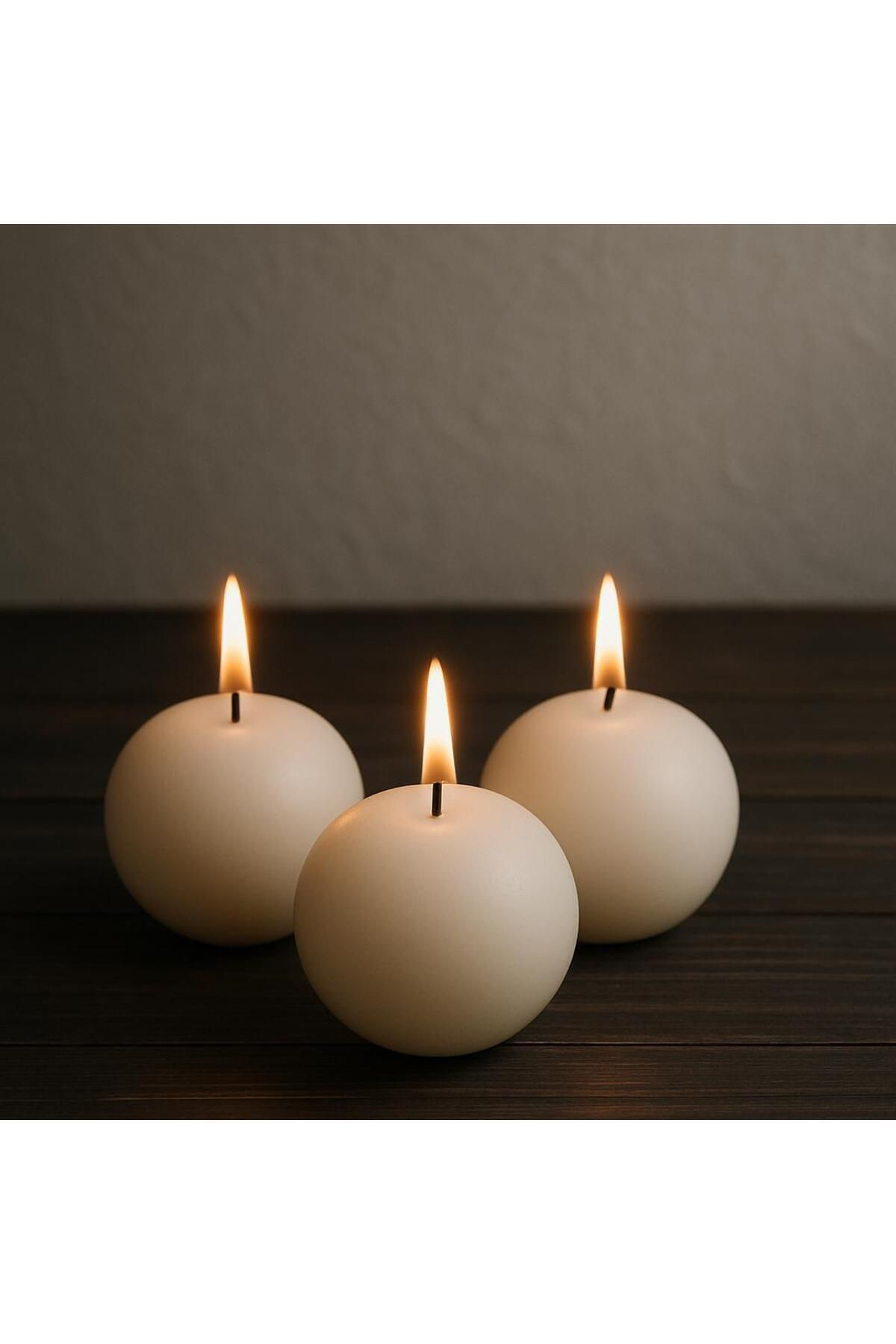 Aresmumatölyesi  3Lü Beyaz Dekoratif Yuvarlak Top Şeklinde Hediyelik Şık Mum 7,5 C