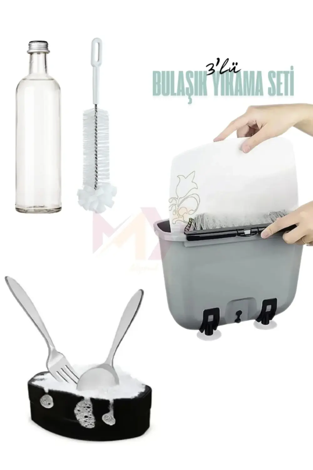 3'lü Bulaşık Yıkama Seti, Tabak&Çatal Kaşık&Şişe Yıkama Fırçası,