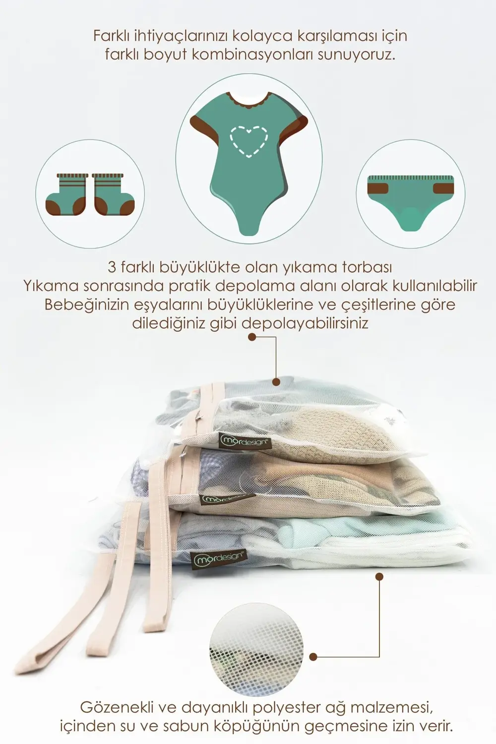 3'lü Çamaşır Yıkama Filesi, Kirli/Temiz Bebek Kıyafet Torbası, Ki