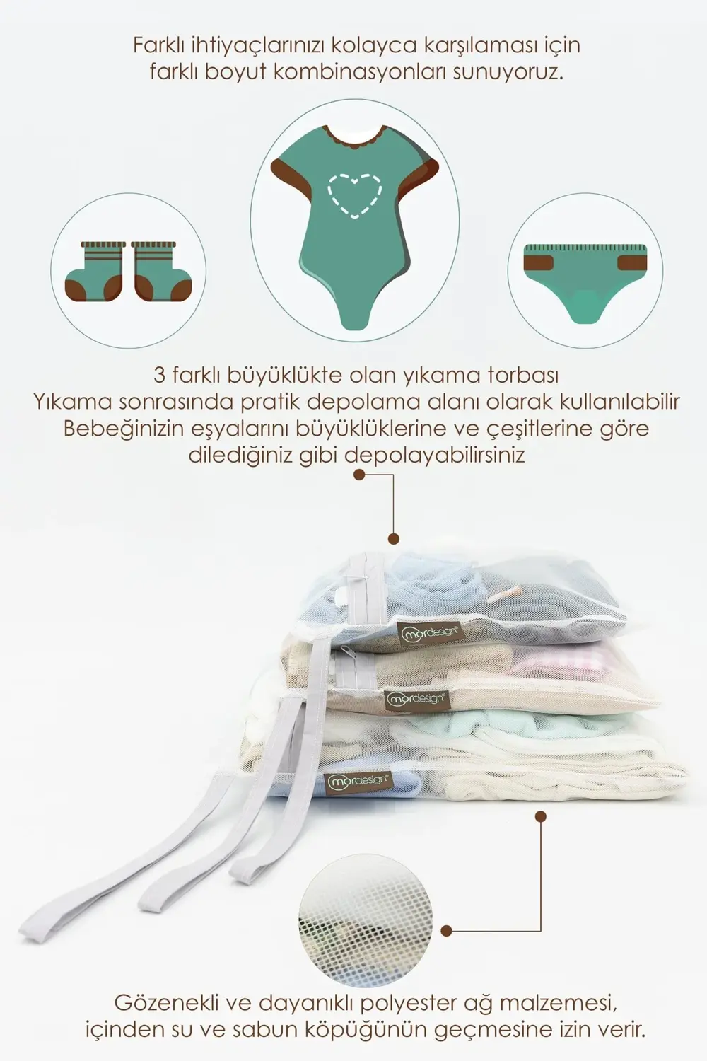 3'lü Çamaşır Yıkama Filesi, Kirli/Temiz Bebek Kıyafet Torbası, Ki