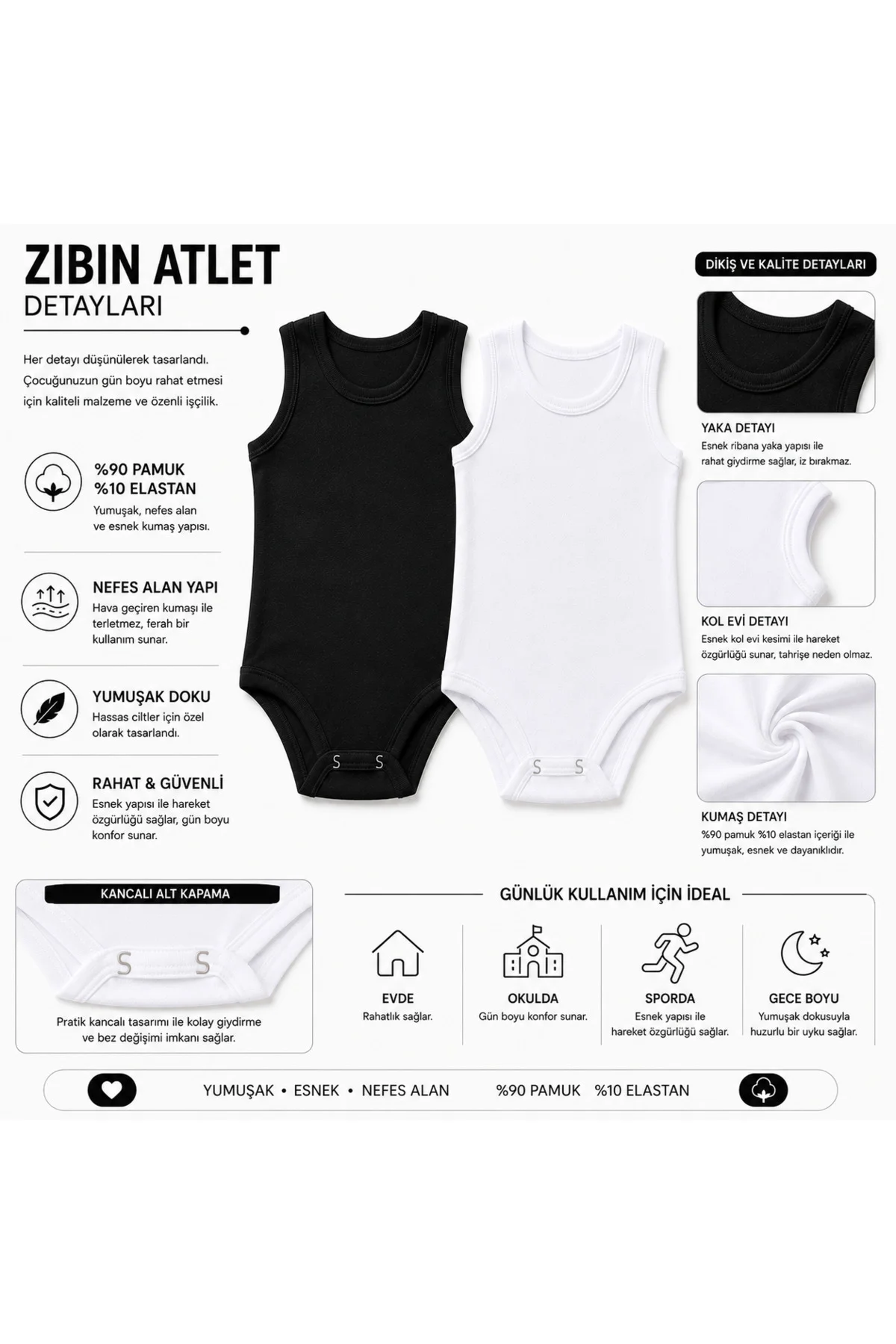 3’lü Çocuk Kalın Askılı Zıbın Atlet %90 Pamuk %10 Elastan Kancalı Alt Kapama Siyah Beyaz 4-12 Yaş
