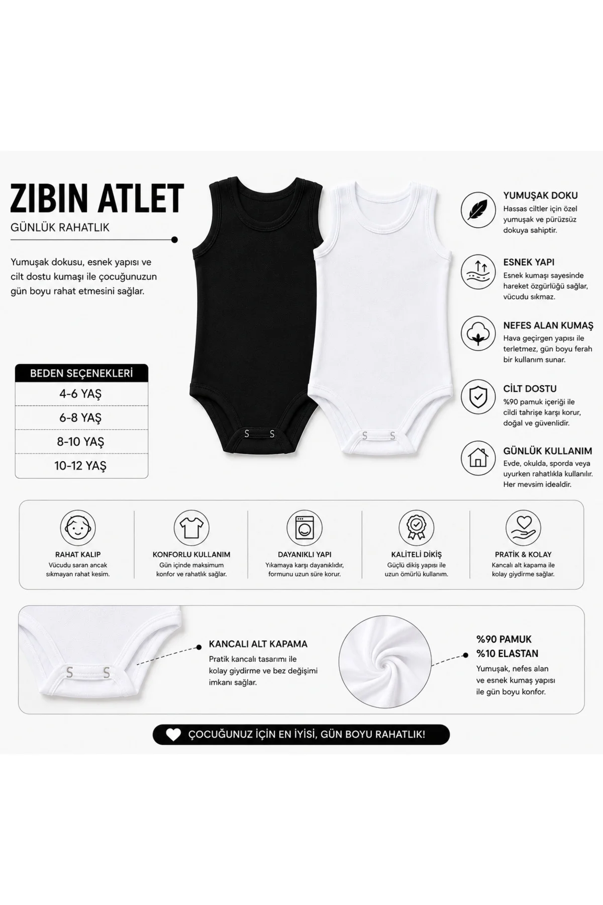 3’lü Çocuk Kalın Askılı Zıbın Atlet %90 Pamuk %10 Elastan Kancalı Alt Kapama Siyah Beyaz 4-12 Yaş