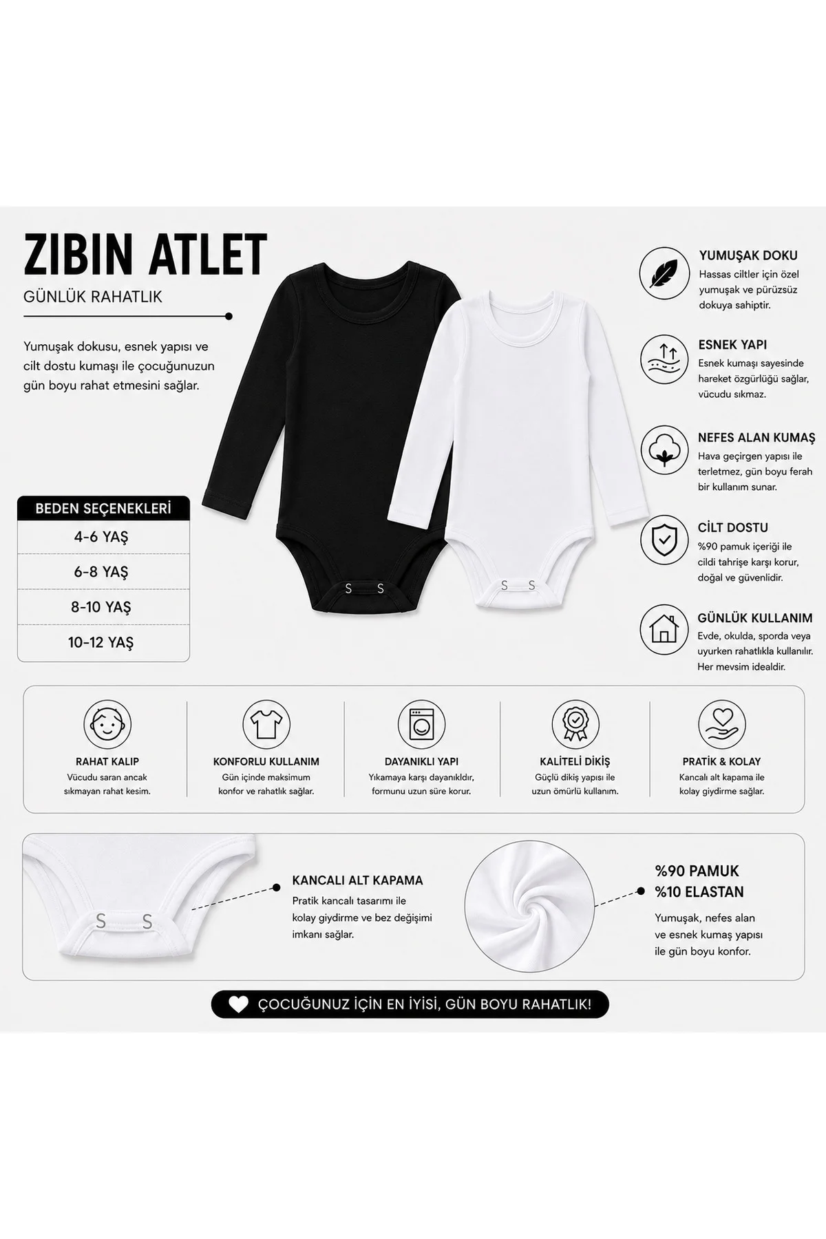 3’lü Çocuk Uzun Kollu Zıbın Body %90 Pamuk %10 Elastan Kancalı Alt Kapama Esnek ve Rahat 4-12 Yaş 3’lü Çocuk Uzun Kollu Zıbın Body %90 Pamuk %10 Elastan Kancalı Alt Kapama Esnek ve Rahat 4-12 Yaş