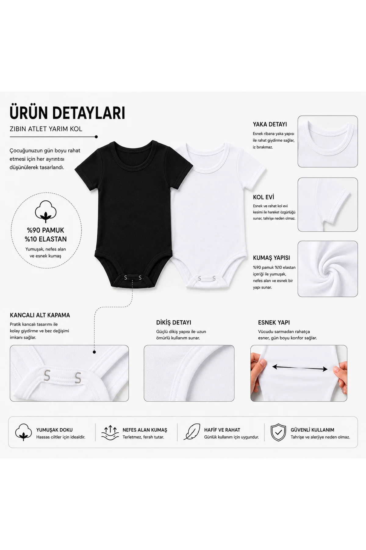 3’lü Çocuk Yarım Kollu Zıbın Body %90 Pamuk %10 Elastan Kancalı Alt Kapama Siyah Beyaz 4-12 Yaş 3’lü Çocuk Yarım Kollu Zıbın Body %90 Pamuk %10 Elastan Kancalı Alt Kapama Siyah Beyaz 4-12 Yaş