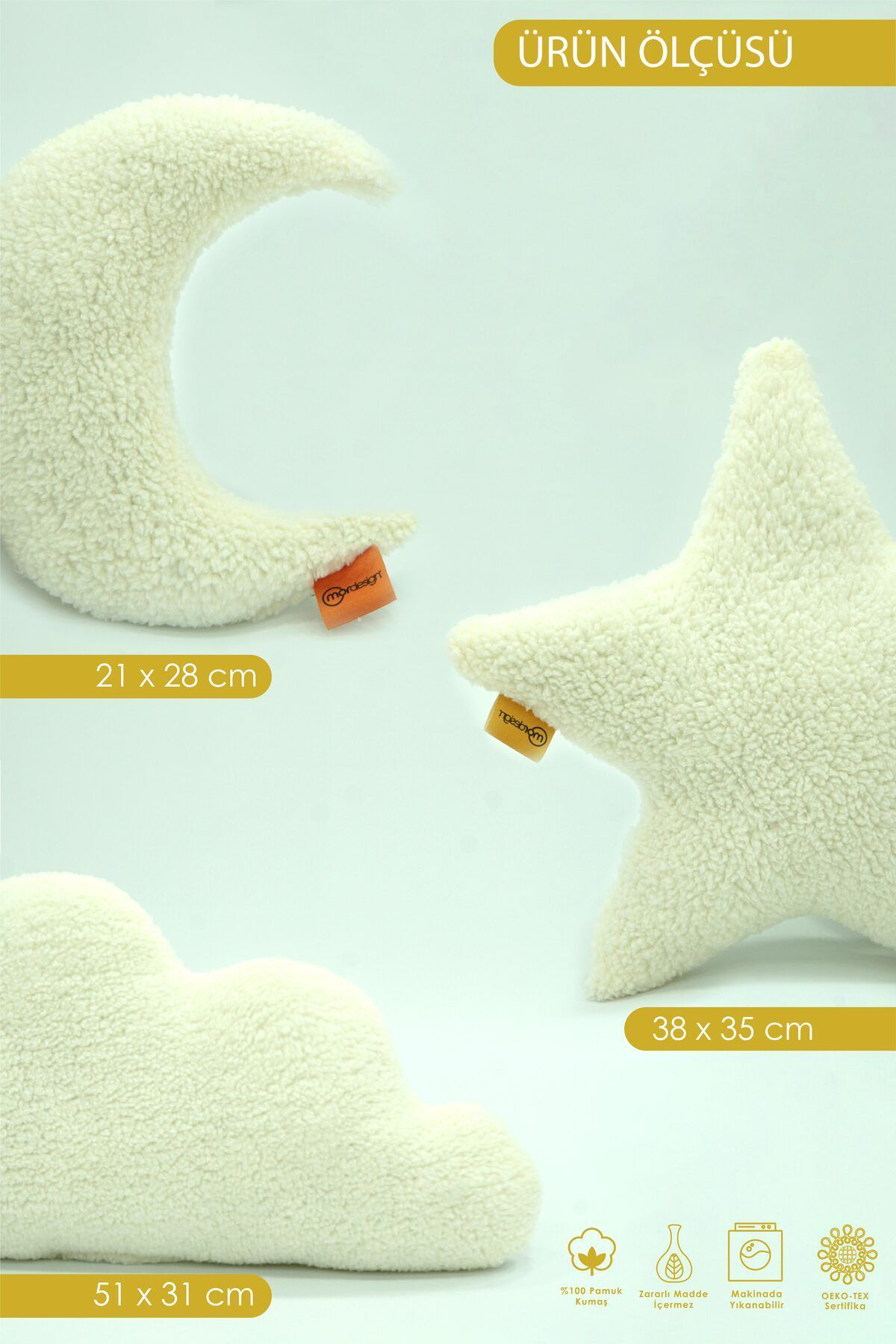 Mordesign 3'Lü Dekoratif Pelüş Yastik, Premium Peluş Bulut Yildiz Ay Bebek