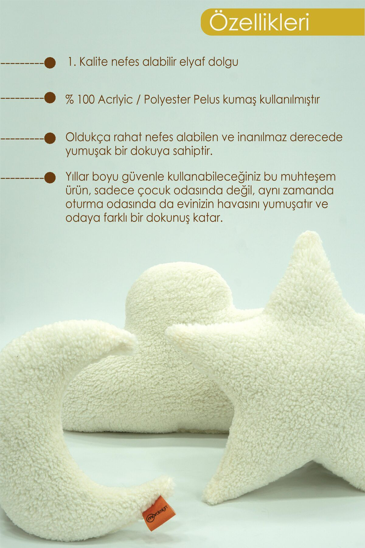 Mordesign 3'Lü Dekoratif Pelüş Yastik, Premium Peluş Bulut Yildiz Ay Bebek