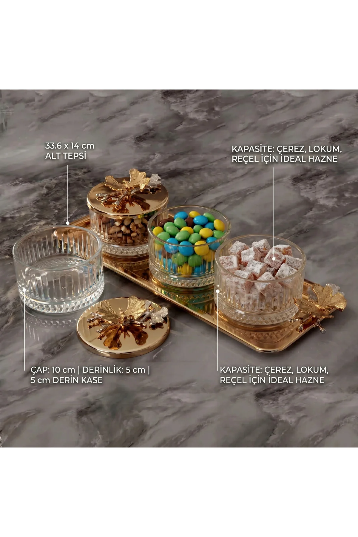 3'lü Dekoratif Sunum Seti - Ginkgo Yapraklı Cam Çerezlik ve Lokumluk - Gold Gümüş Detaylı Kahvaltılık Sunum Tepsisi Fiyatı, Yorumları ve Özellikleri