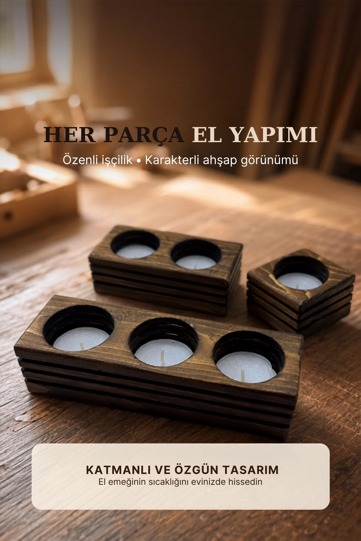 3'lü Doğal Ahşap Mumluk Dekoratif Şamdan Özel Tasarım El Yapımı Fiyatı, Yorumları ve Özellikleri