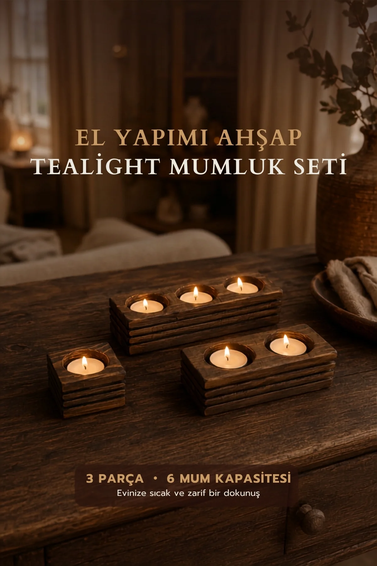3'lü Doğal Ahşap Mumluk Dekoratif Şamdan Özel Tasarım El Yapımı Fiyatı, Yorumları ve Özellikleri