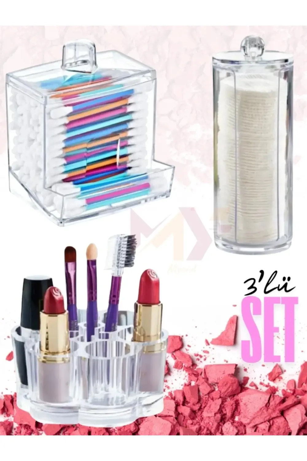 3'lü Düzenleyici Seti, Makyaj Malzemesi Ruj Pamuk Çubuk Düzenleyi