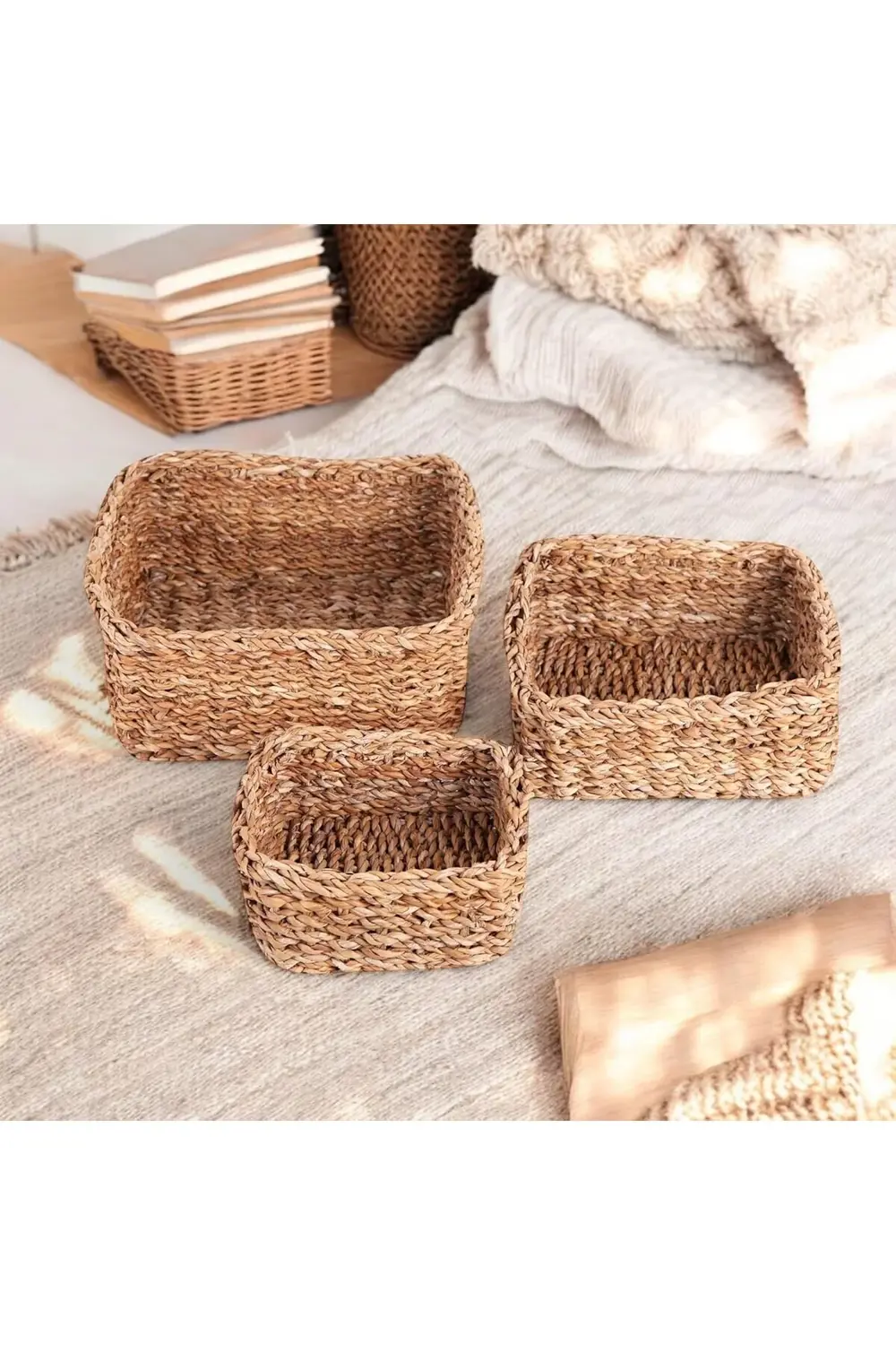 3'lü El Yapımı Kare Düzenleyici Seti | 3'lü Hasır Kare Organizer