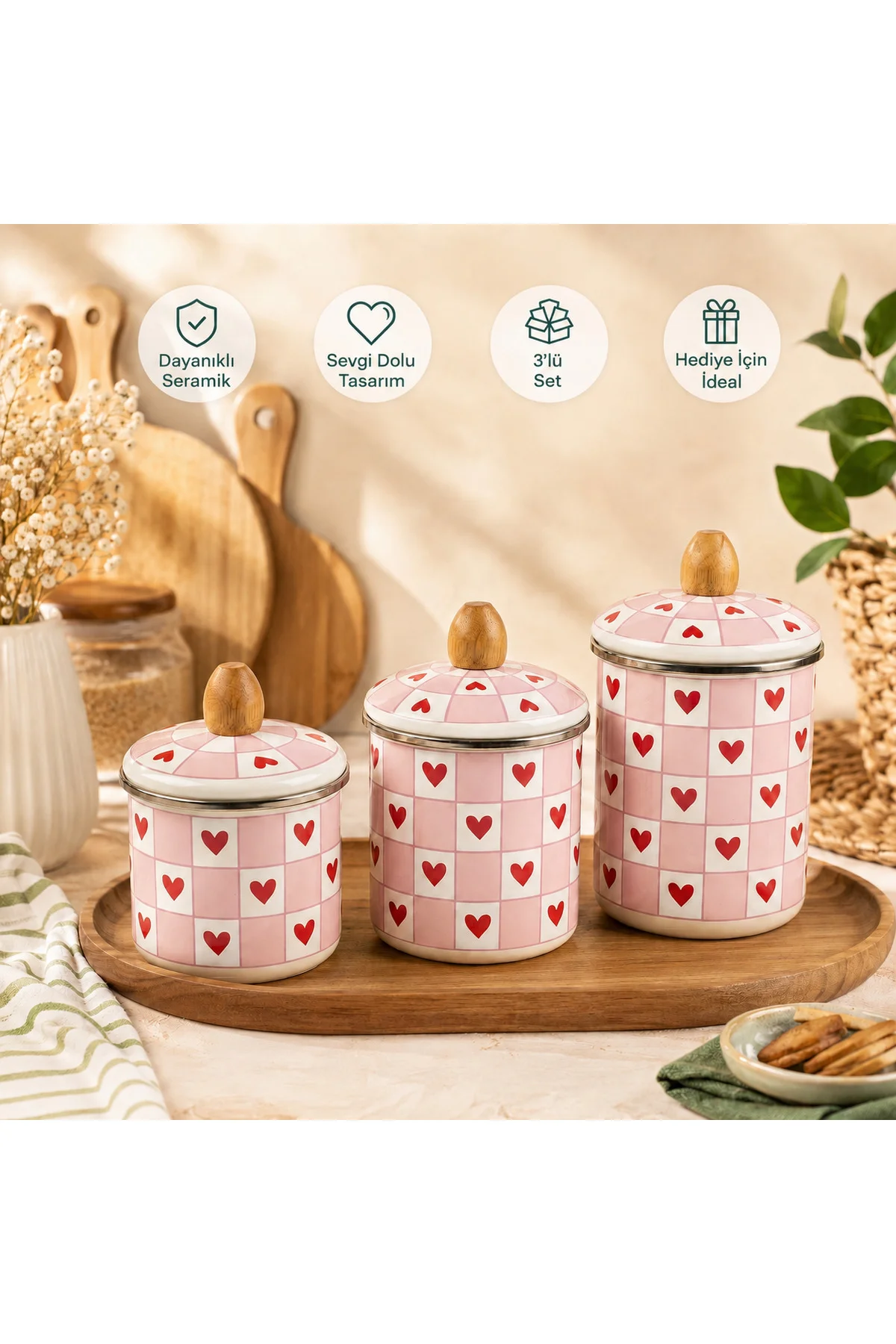 3’lü Emaye Kavanoz Seti Ahşap Kapaklı – Kalpli Desenli Mutfak Saklama Kabı (10-12-15 cm) Fiyatı, Yorumları ve Özellikleri