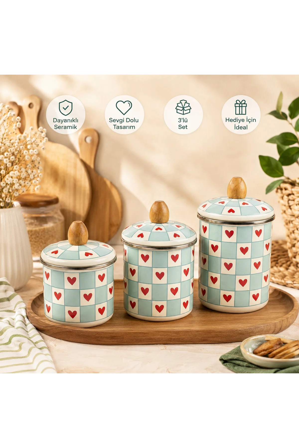 3’lü Emaye Kavanoz Seti Ahşap Kapaklı – Kalpli Desenli Mutfak Saklama Kabı (10-12-15 cm) Fiyatı, Yorumları ve Özellikleri