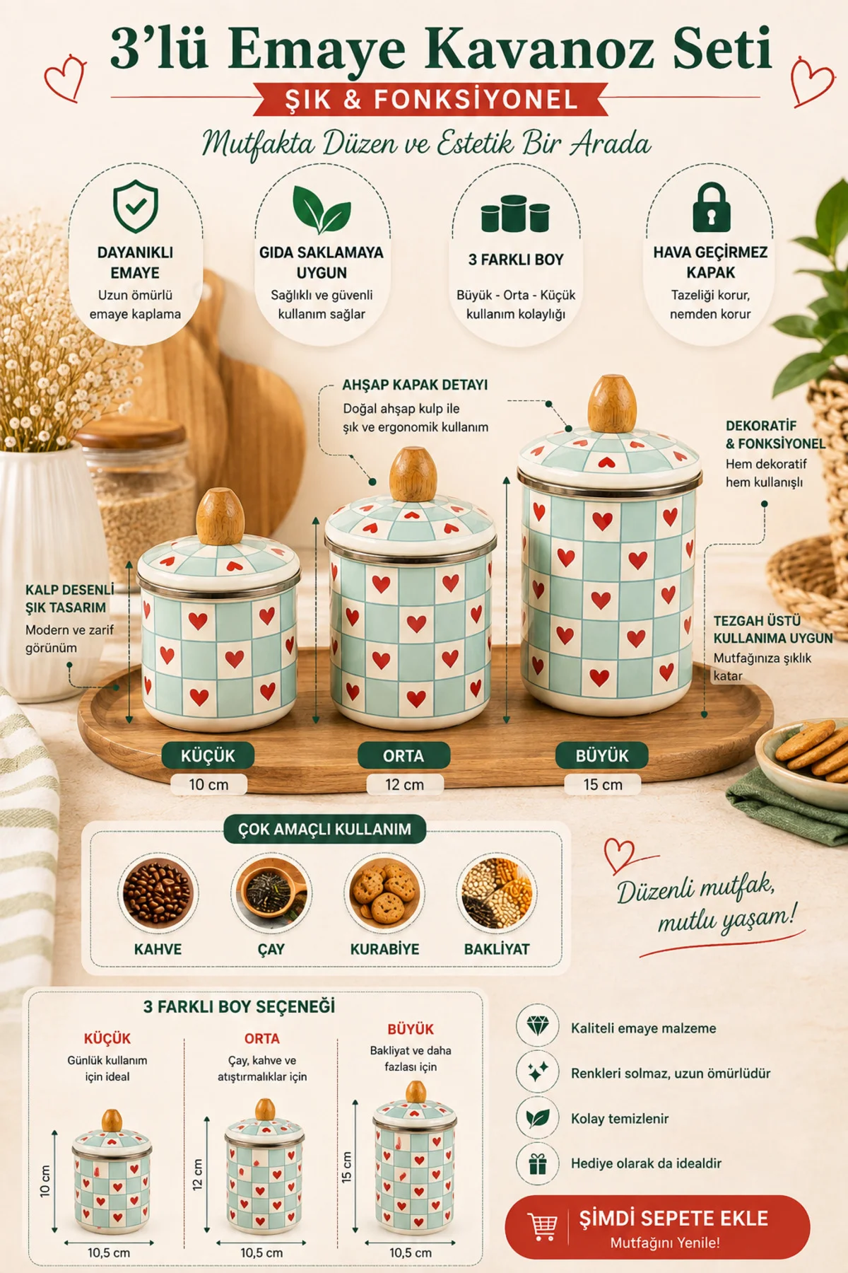3’lü Emaye Kavanoz Seti Ahşap Kapaklı – Kalpli Desenli Mutfak Saklama Kabı (10-12-15 cm) Fiyatı, Yorumları ve Özellikleri