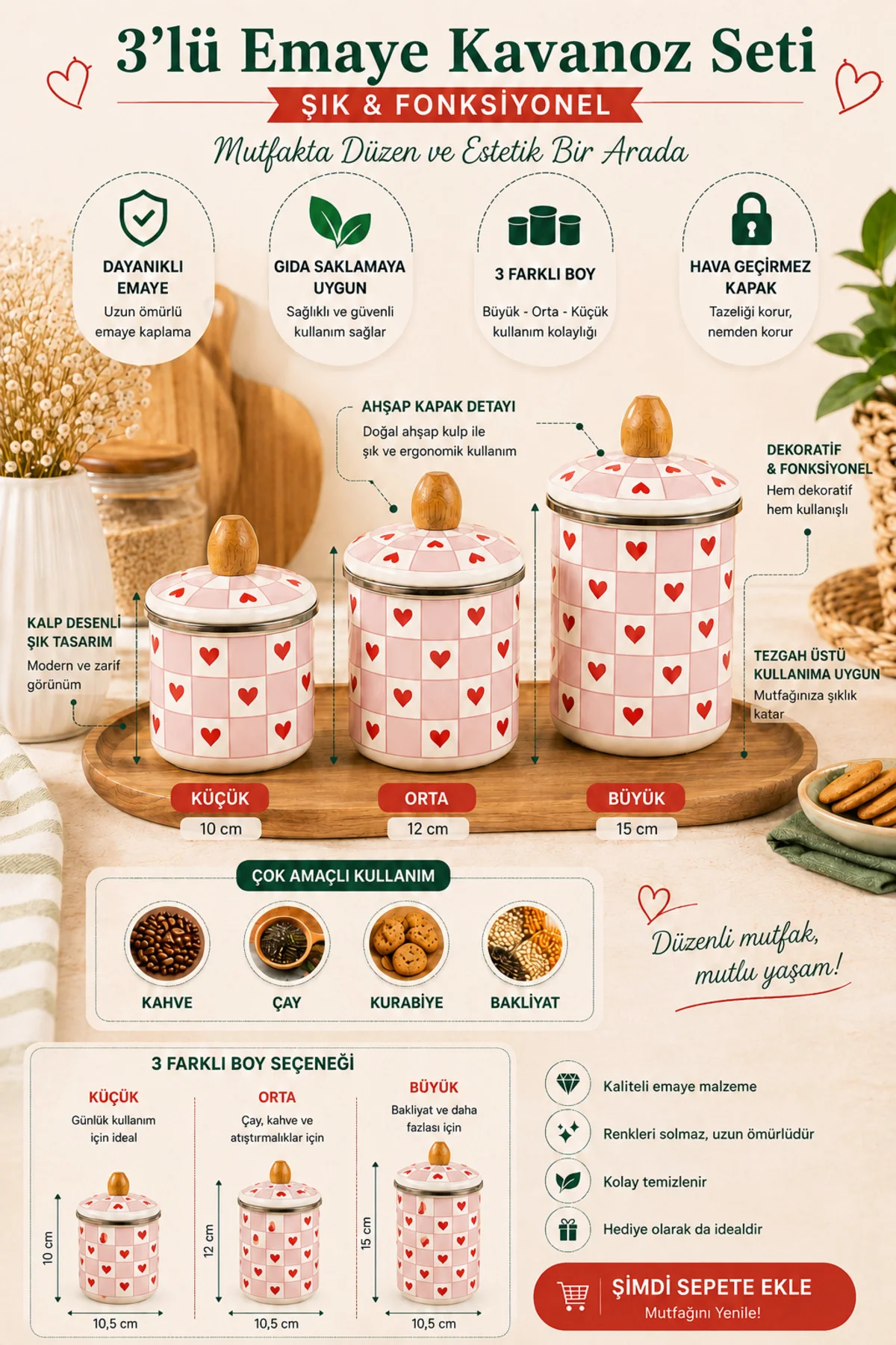 3’lü Emaye Kavanoz Seti Ahşap Kapaklı – Kalpli Desenli Mutfak Saklama Kabı (10-12-15 cm) Fiyatı, Yorumları ve Özellikleri