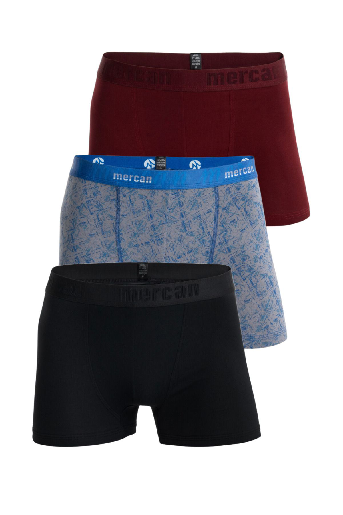 Mercan 3'Lü Erkek Çok Renkli Pamuklu Likralı Boxer (Siyah Bordo Sedef)