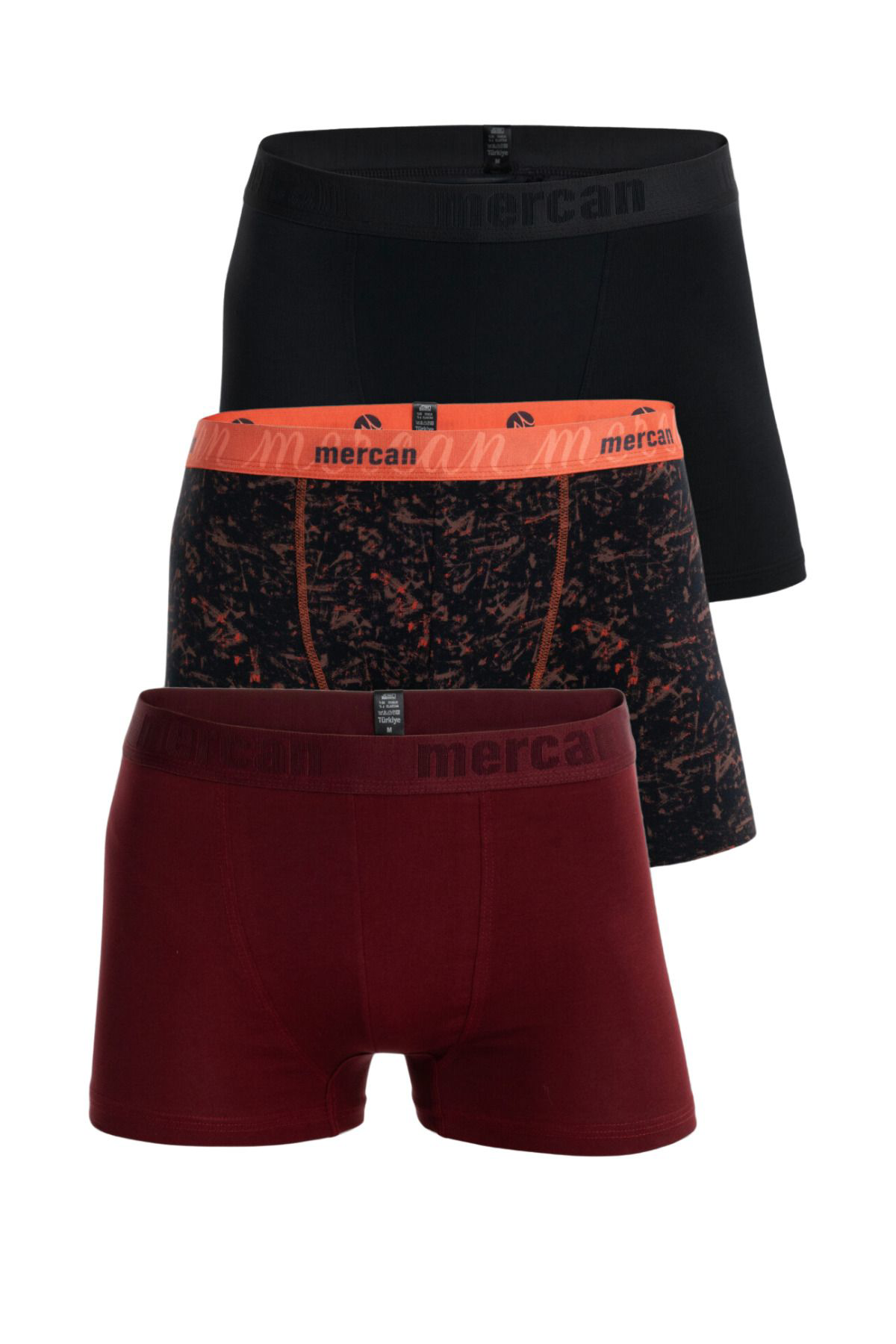Mercan 3'Lü Erkek Çok Renkli Pamuklu Likralı Boxer (Siyah Bordo Picasso)
