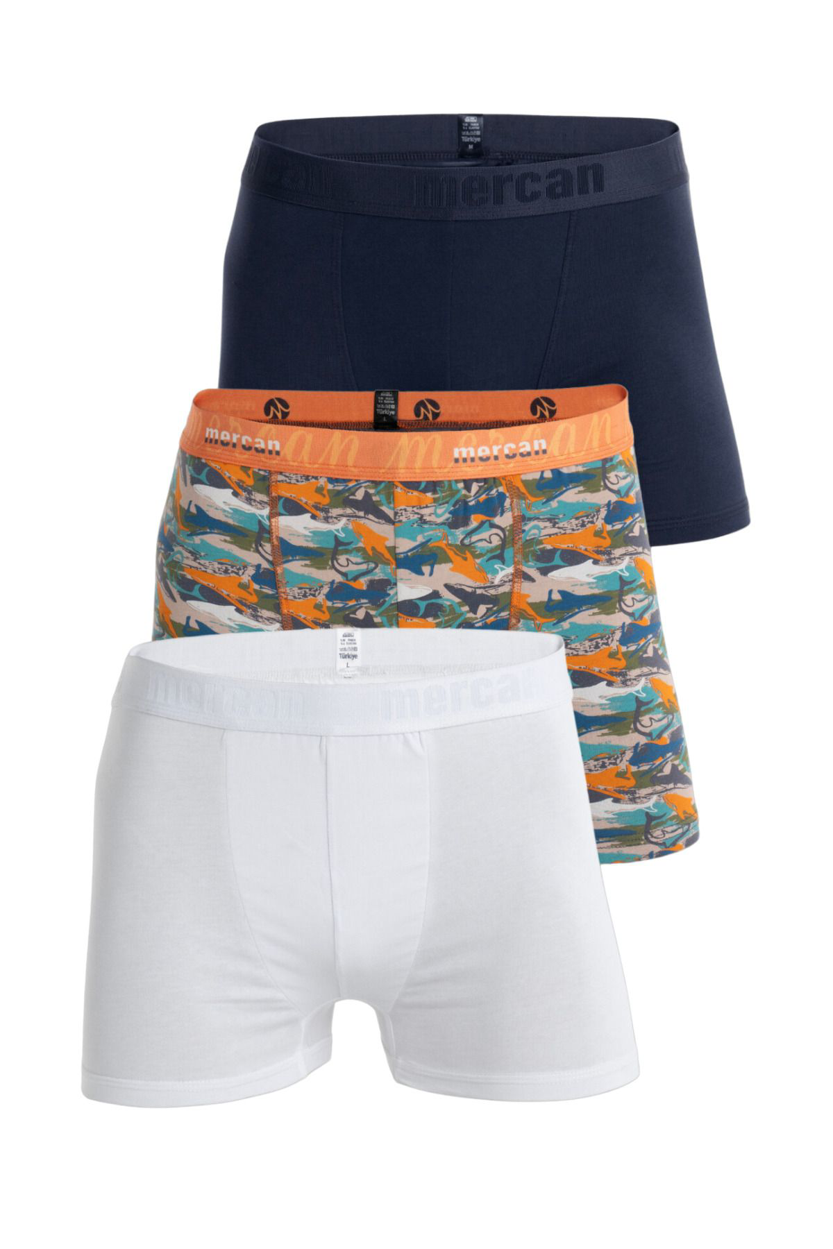 Mercan 3'Lü Erkek Çok Renkli Pamuklu Likralı Boxer (Beyaz Lacivert Shark