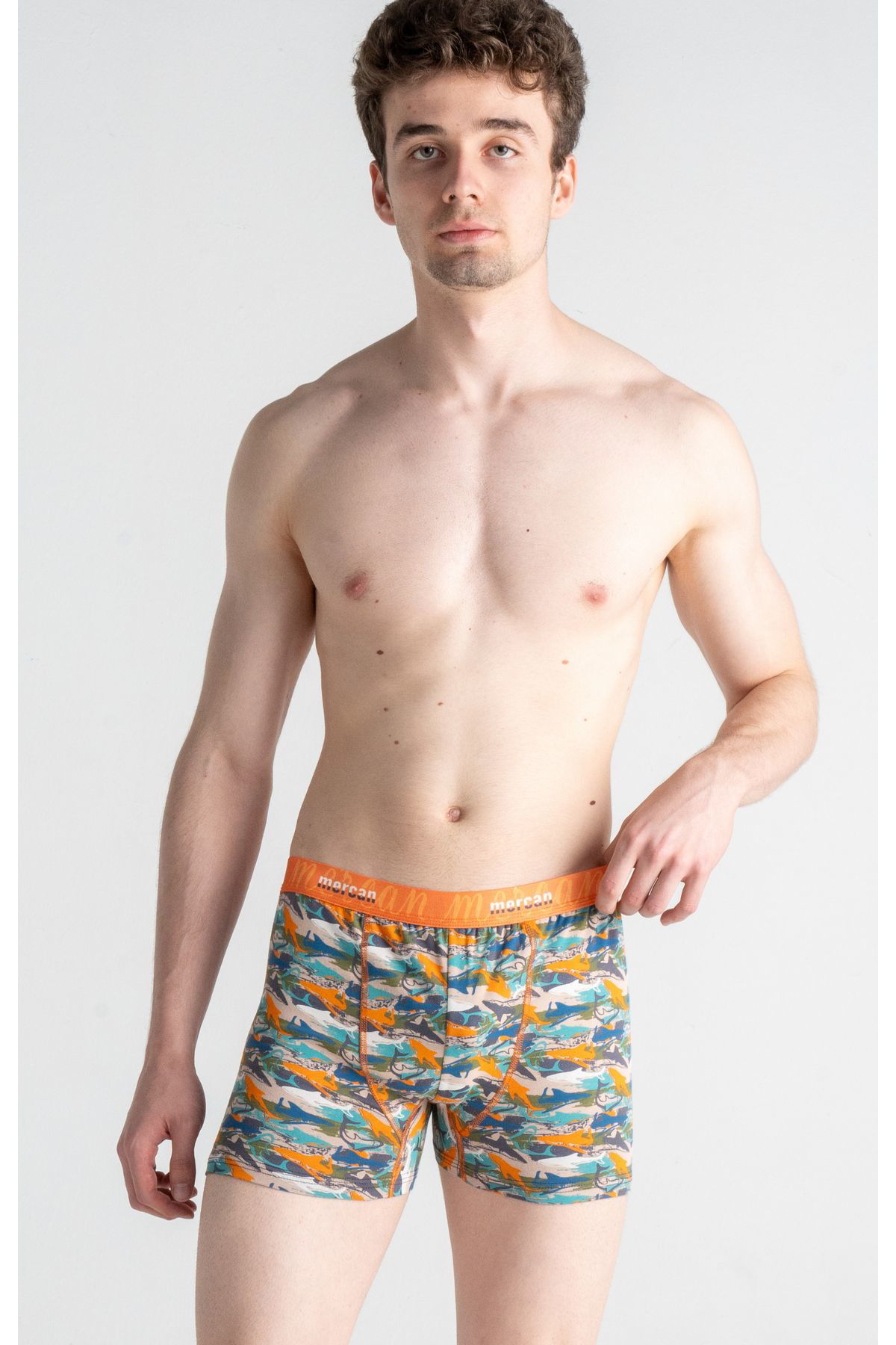 Mercan 3'Lü Erkek Çok Renkli Pamuklu Likralı Boxer (Beyaz Lacivert Shark