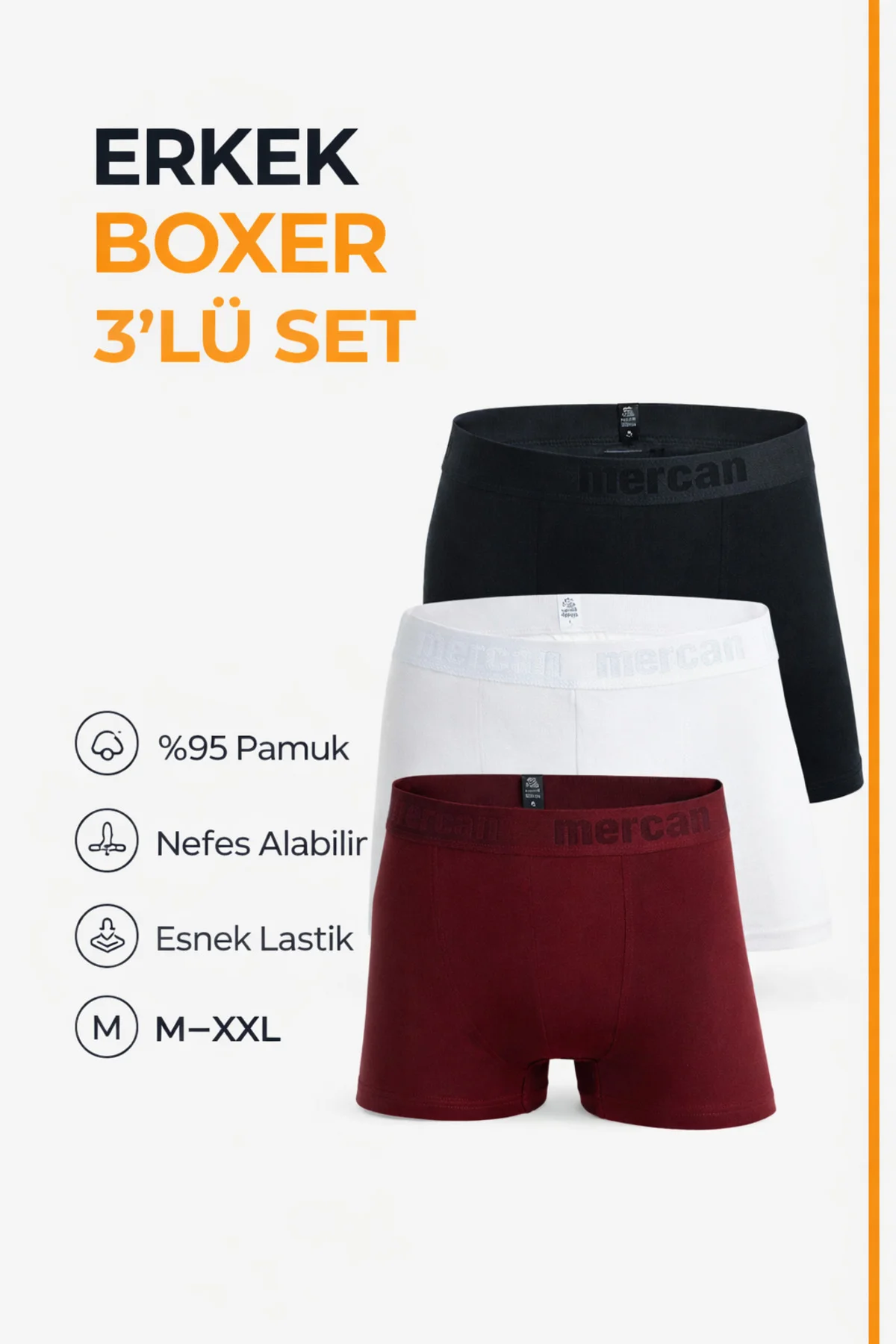 3'lü Erkek Pamuklu Likralı Esnek Boxer (BORDO BEYAZ SİYAH)