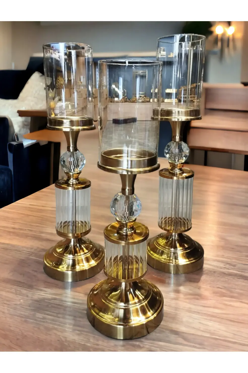 3'lü Gold Renk Şamdan Mumluk Seti