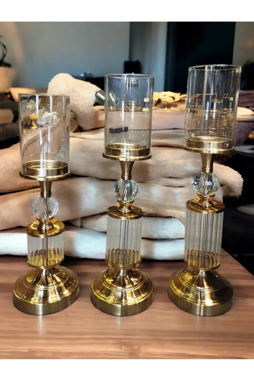3'lü Gold Renk Şamdan Mumluk Seti