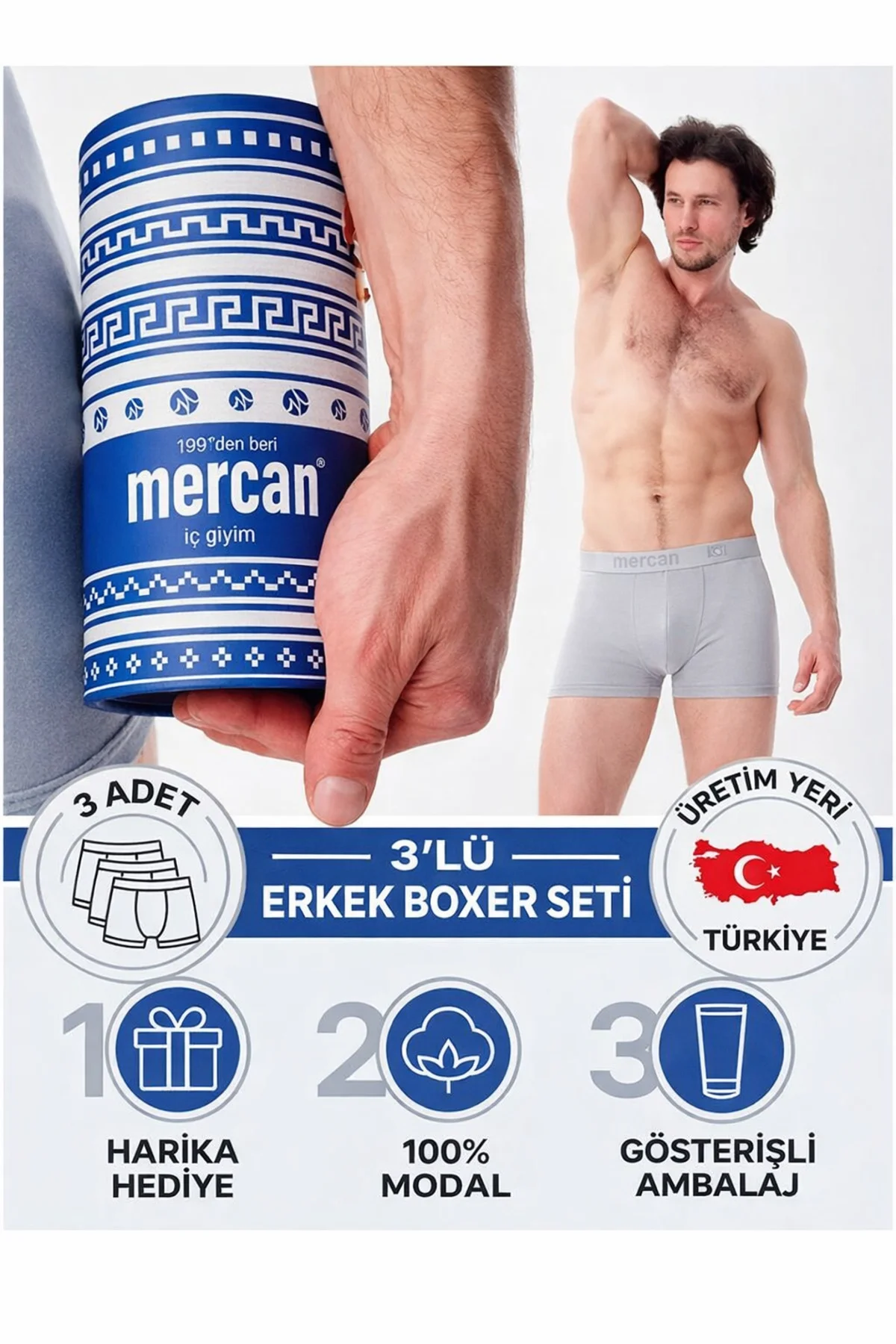 3'lü Gri Modal Boxer