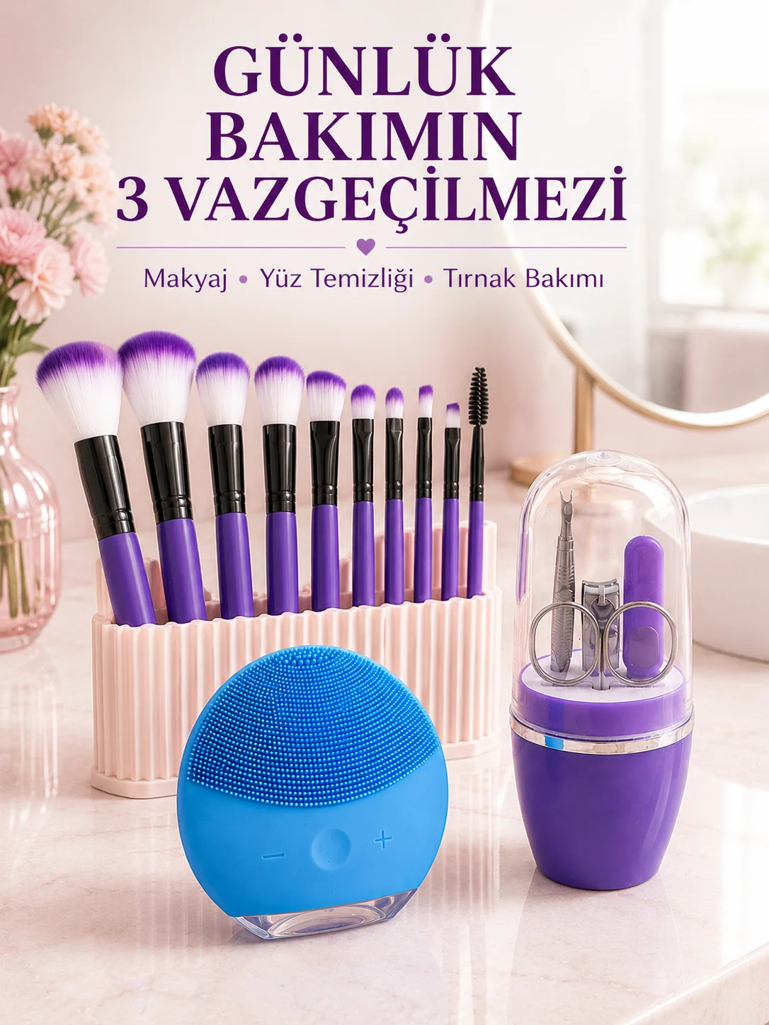 3’lü Güzellik ve Bakım Seti 12’li Mor Makyaj Fırçası Silikon Yüz Temizleme Cihazı ve Manikür Tırnak Bakım Seti Fiyatı, Yorumları ve Özellikleri