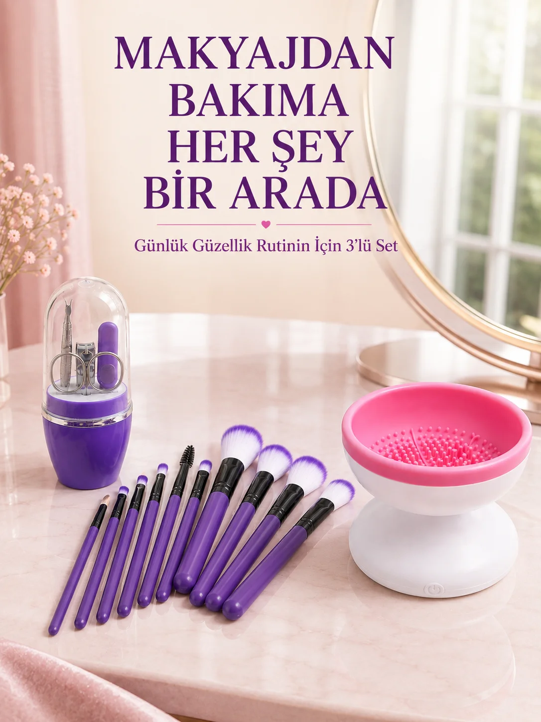 3’lü Güzellik ve Bakım Seti 12’li Mor Makyaj Fırçası Fırça Temizleme Cihazı ve Manikür Pedikür Tırnak Bakım Seti Fiyatı, Yorumları ve Özellikleri