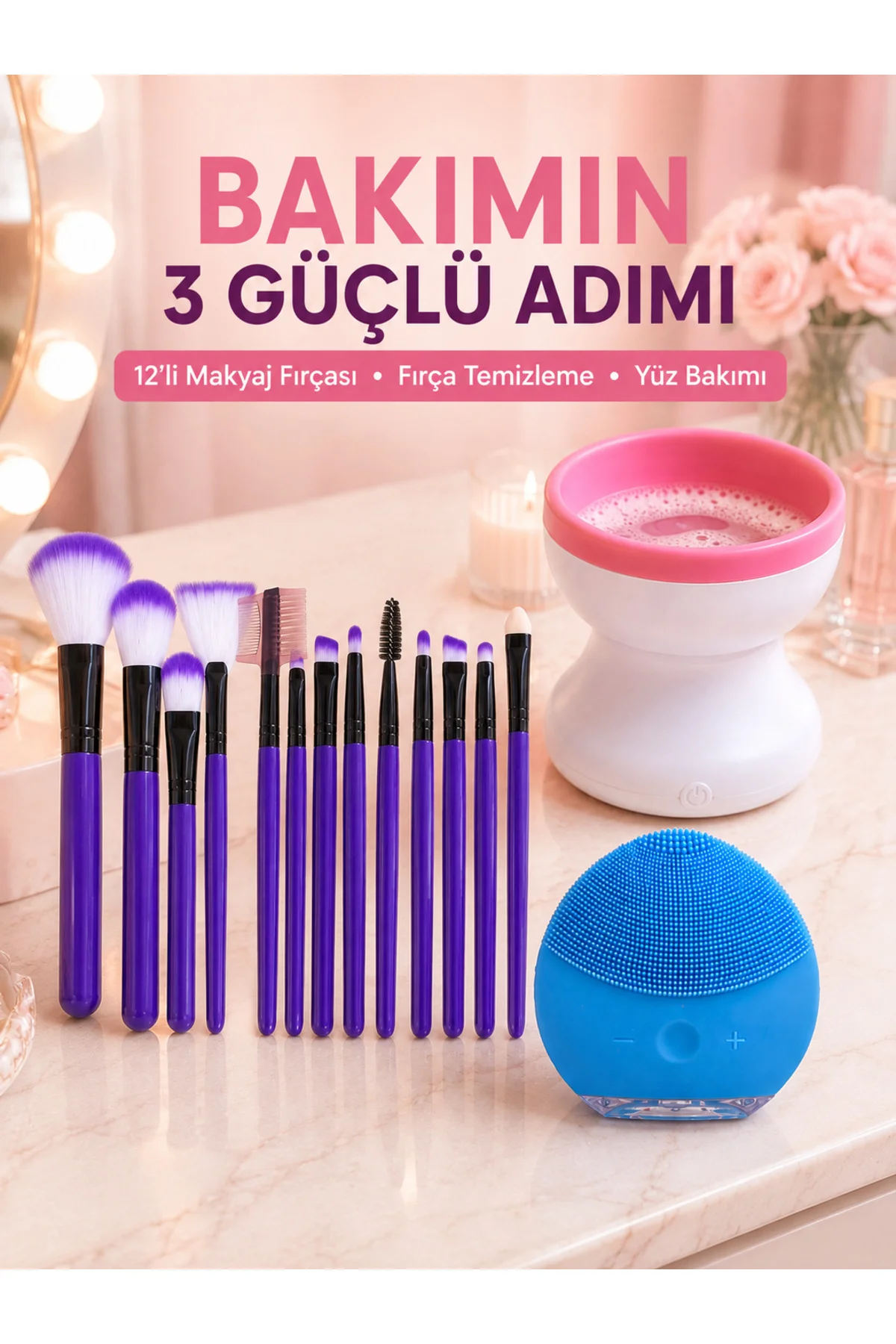 3’lü Güzellik ve Kişisel Bakım Seti 12’li Makyaj Fırçası Fırça Temizleme Cihazı ve Yüz Temizleme Cih 3’lü Güzellik ve Kişisel Bakım Seti 12’li Makyaj Fırçası Fırça Temizleme Cihazı ve Yüz Temizleme Cih
