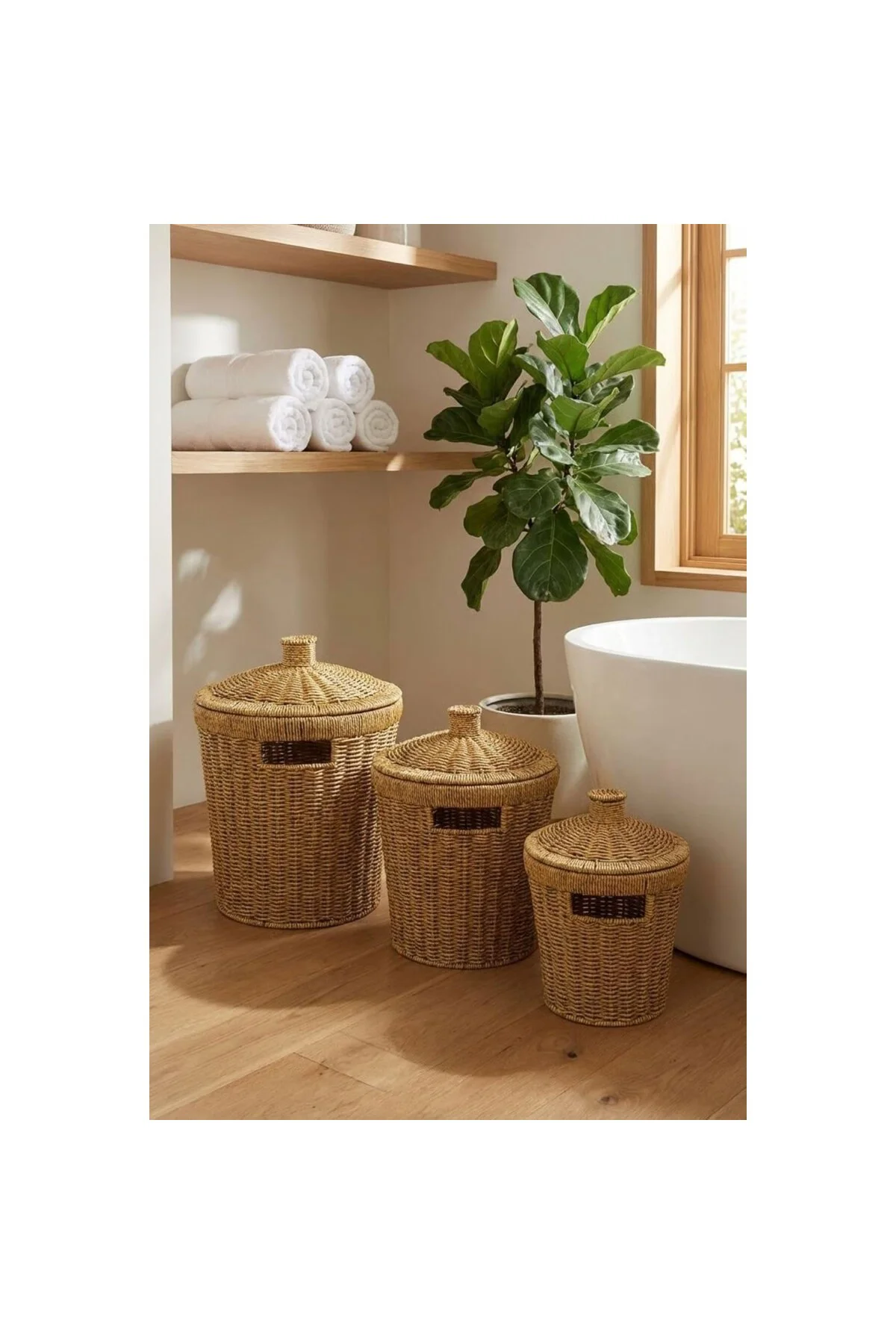 3'lü İç İçe Geçebilen Plastik Rattan Hasır Sepet Seti, Kapaklı Ço