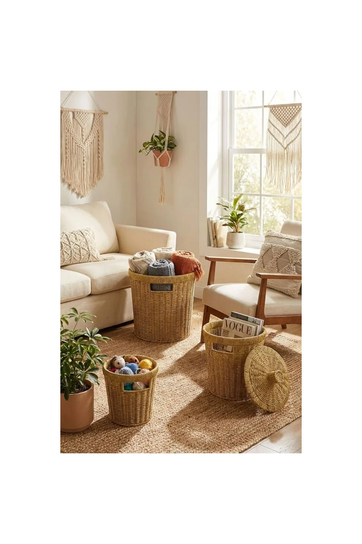 3'lü İç İçe Geçebilen Plastik Rattan Hasır Sepet Seti, Kapaklı Ço