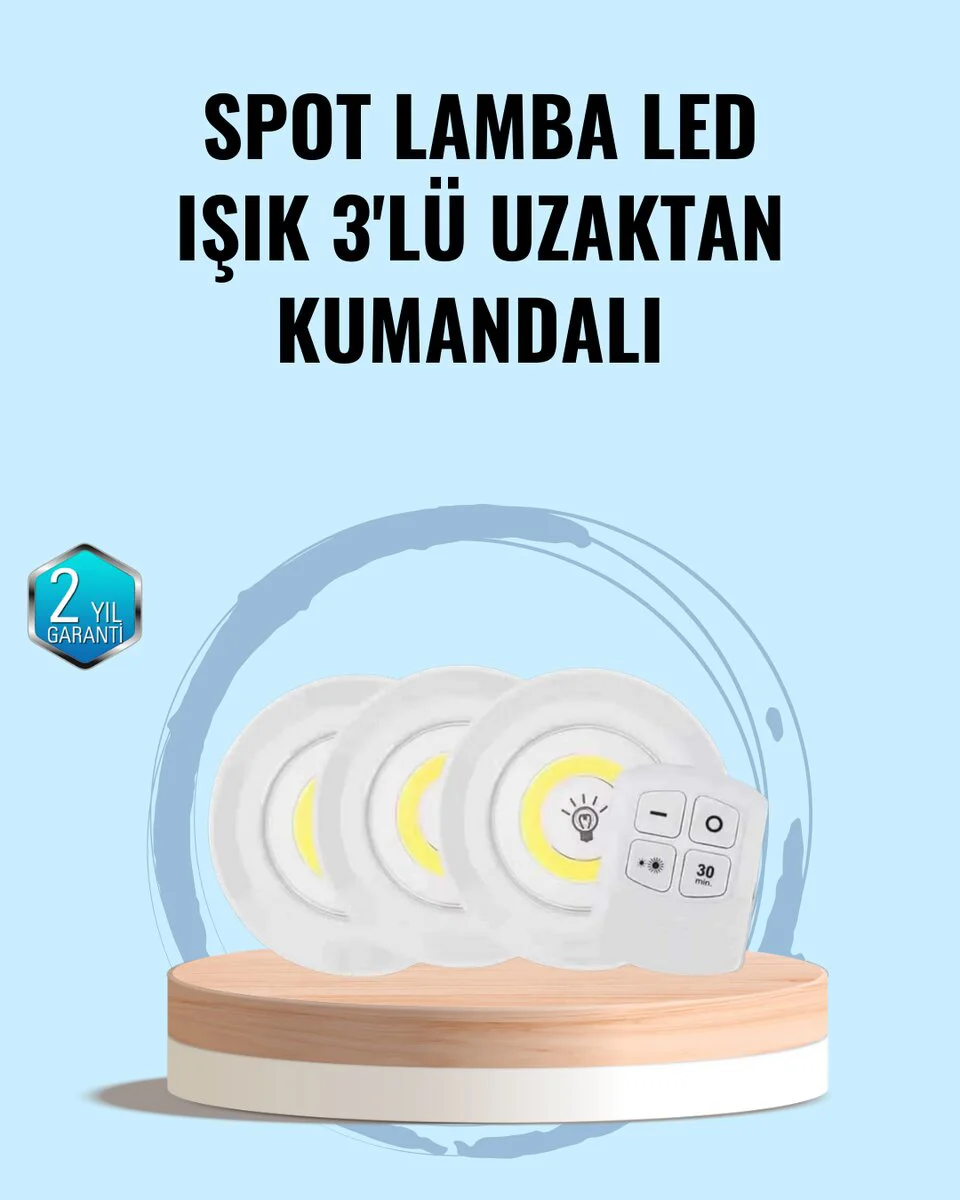 3'lü Kablosuz Led Spot Lamba - Uzaktan Kumandalı, Yapışkanlı ve Pille Çalışan Ev Ofis Kamp Aydınlatması
