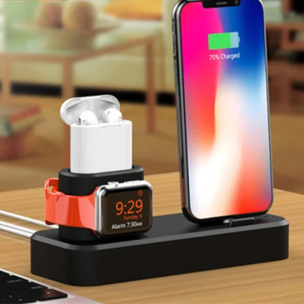 3'lü Kablosuz Şarj İstasyonu iPhone/Apple Watch/AirPods - Masaüstü Silikon Stand