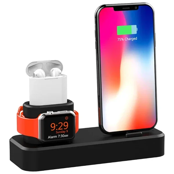 3'lü Kablosuz Şarj İstasyonu iPhone/Apple Watch/AirPods - Masaüstü Silikon Stand