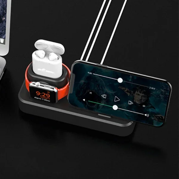 3'lü Kablosuz Şarj İstasyonu iPhone/Apple Watch/AirPods - Masaüstü Silikon Stand