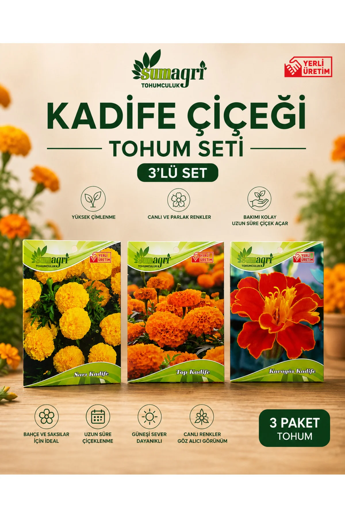 3’lü Kadife Çiçeği Tohumu Seti – Sarı Kadife, Top Kadife, Karagöz Kadife Çiçek Tohumu Fiyatı, Yorumları ve Özellikleri