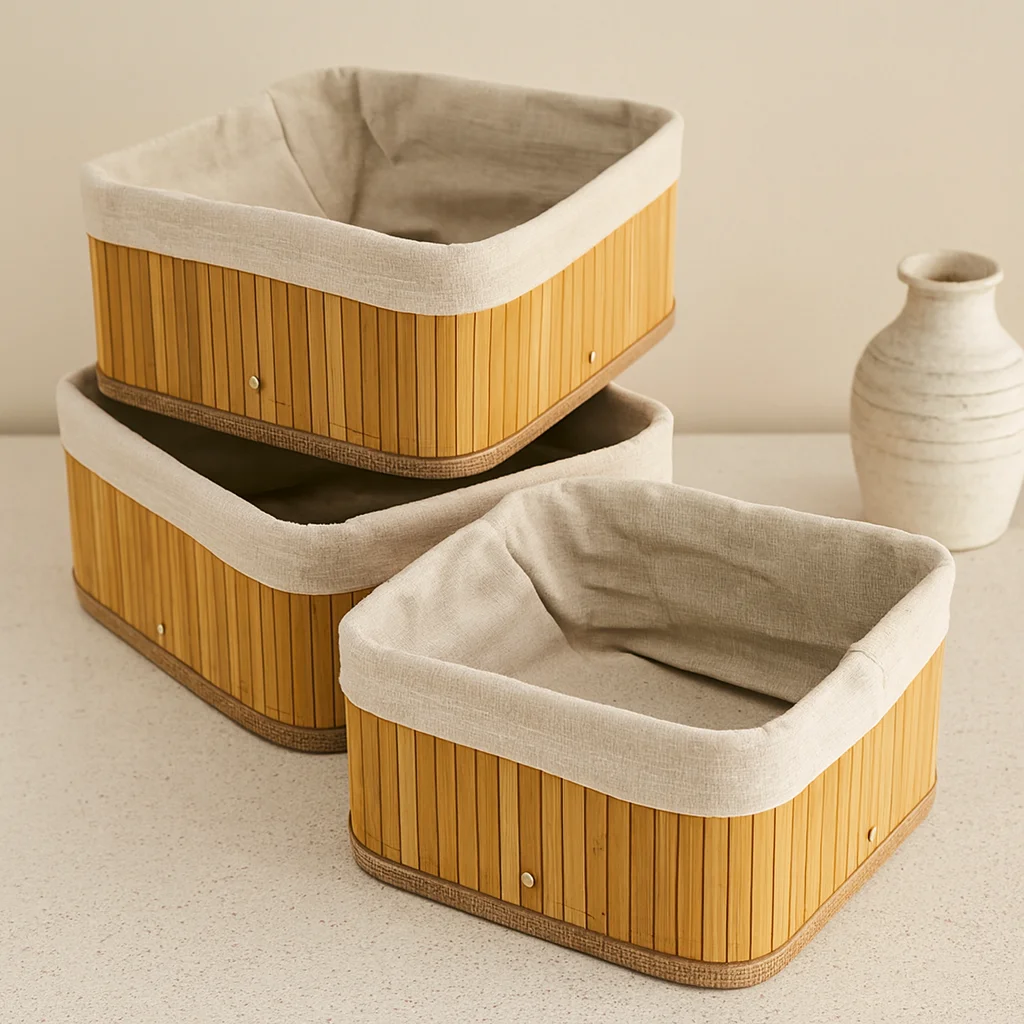 3'lü Kare Organizer Sepet Seti - Bambu Kenarlı Ahşap Taban Bez Astarlı (17x17 / 21x21 / 26x26 cm) Fiyatı, Yorumları ve Özellikleri