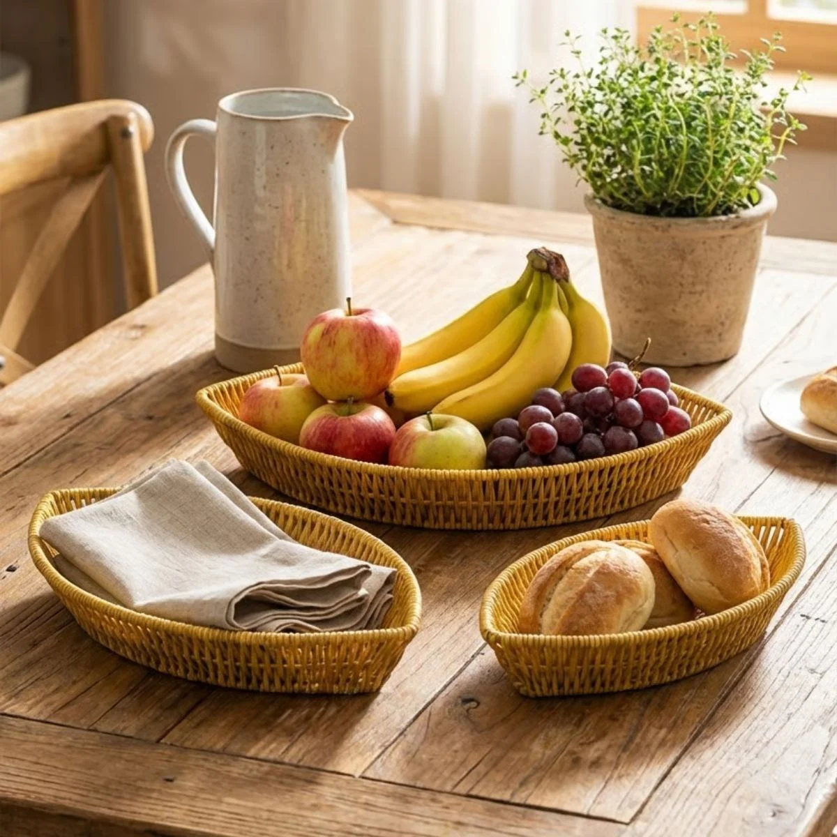3’lü Kayık Formlu Plastik Rattan Sepet Seti–Hasır Görünümlü Ekmek, Meyve ve Sunum Sepetleri, Çok Amaçlı Masaüstü Organizer 3’lü Kayık Formlu Plastik Rattan Sepet Seti–Hasır Görünümlü Ekmek, Meyve ve Sunum Sepetleri, Çok Amaçlı Masaüstü Organizer