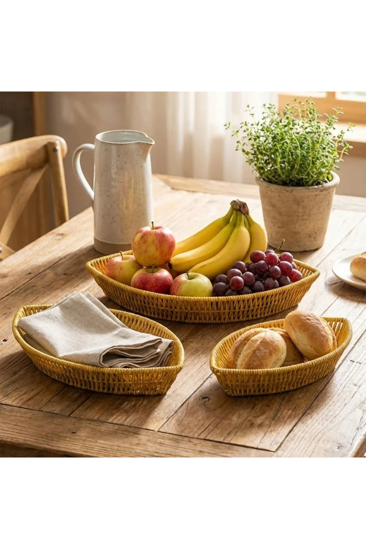3’lü Kayık Formlu Plastik Rattan Sepet Seti–Hasır Görünümlü Ekmek, Meyve ve Sunum Sepetleri, Çok Ama