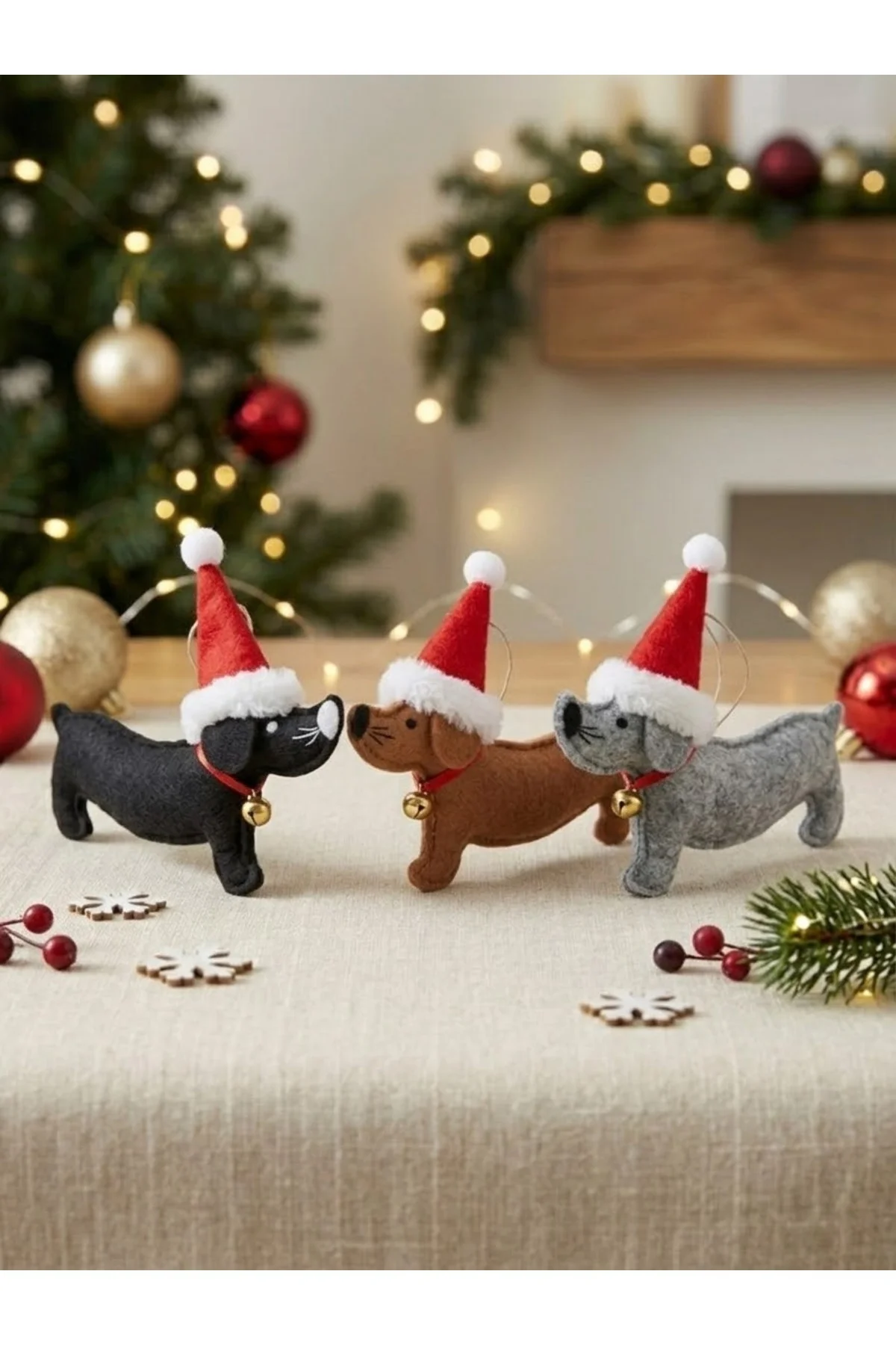 3'lü Keçe Yılbaşı Süsü Sosis Köpek Figürlü - Noel Baba Şapkalı Çam Ağacı Süsü 3'lü Keçe Yılbaşı Süsü Sosis Köpek Figürlü - Noel Baba Şapkalı Çam Ağacı Süsü