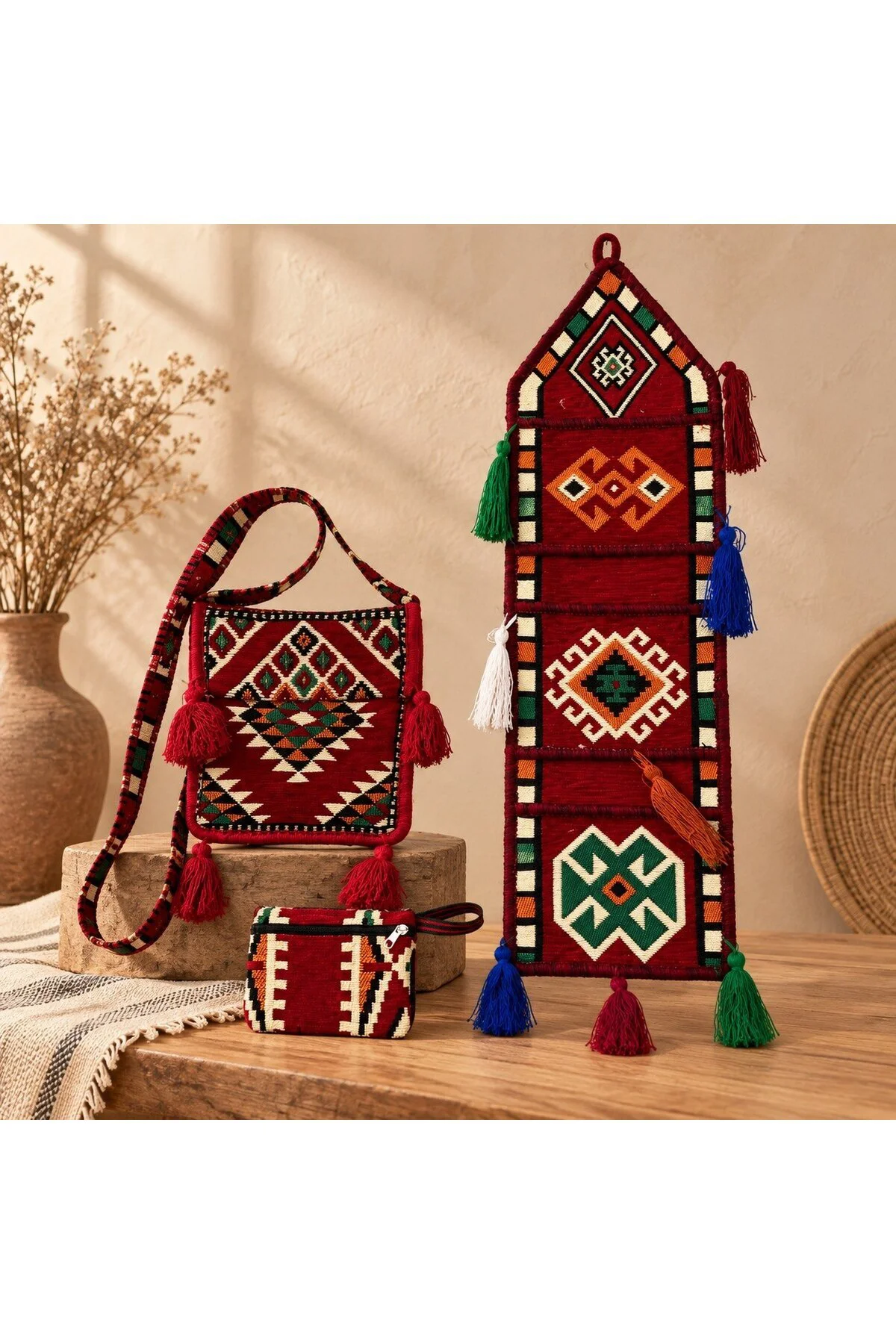 3’lü Kilim Desenli Dokuma Set | Omuz Çantası + Mini Çanta + Dekoratif Duvar Süsü